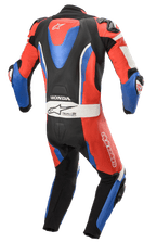 Alpinestars Honda GP Pro V2 1-Piece Leather Suit, kombinezon motocyklowy wyścigowy, czarny, czerwony i niebieski, widok z tyłu przedstawiający garb aerodynamiczny, logo Honda i Tech-Air, elastyczne panele harmonijkowe zapewniające swobodę ruchów, profesjonalna odzież torowa