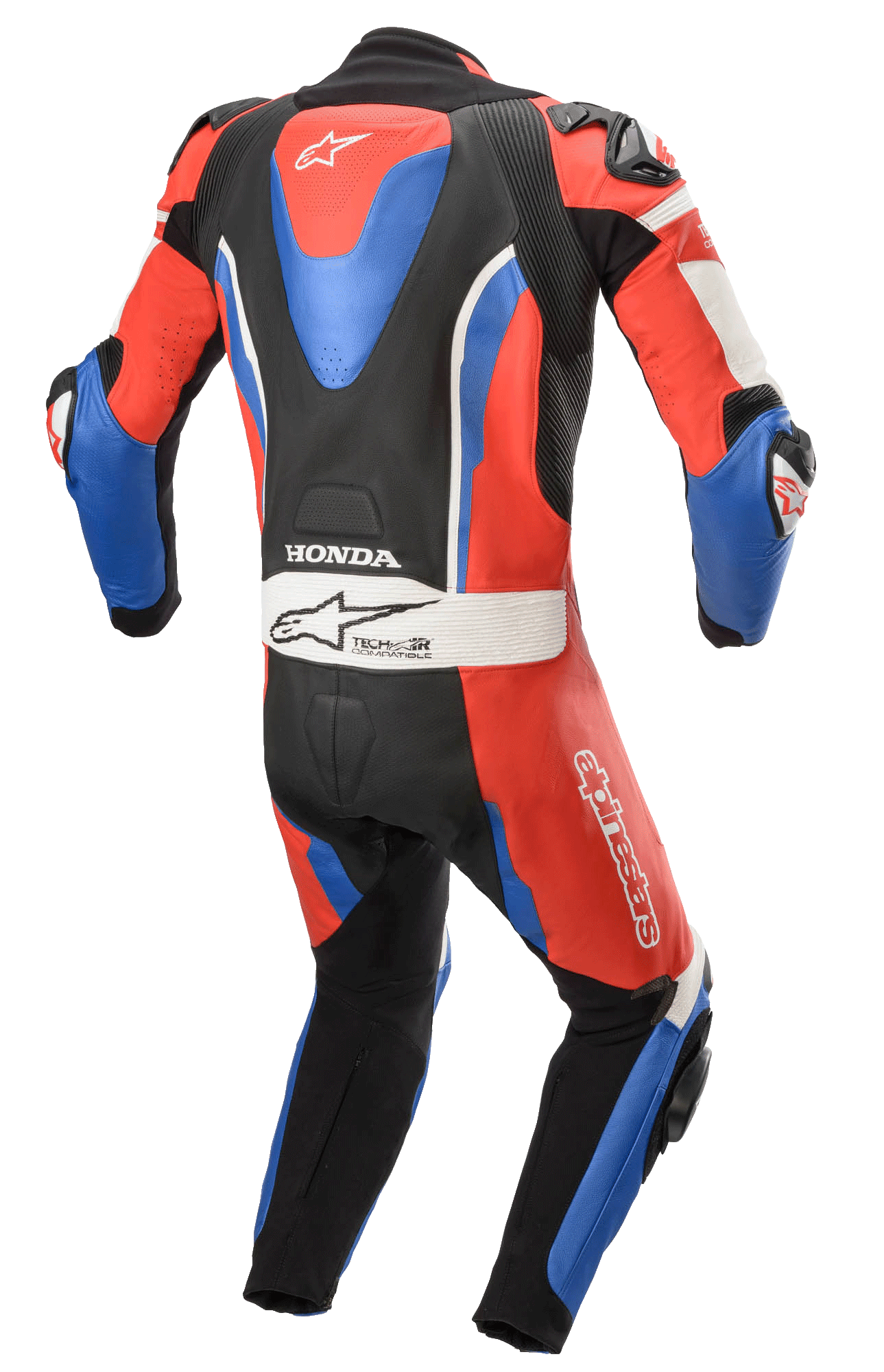 Alpinestars Honda GP Pro V2 1-Piece Leather Suit, kombinezon motocyklowy wyścigowy, czarny, czerwony i niebieski, widok z tyłu przedstawiający garb aerodynamiczny, logo Honda i Tech-Air, elastyczne panele harmonijkowe zapewniające swobodę ruchów, profesjonalna odzież torowa