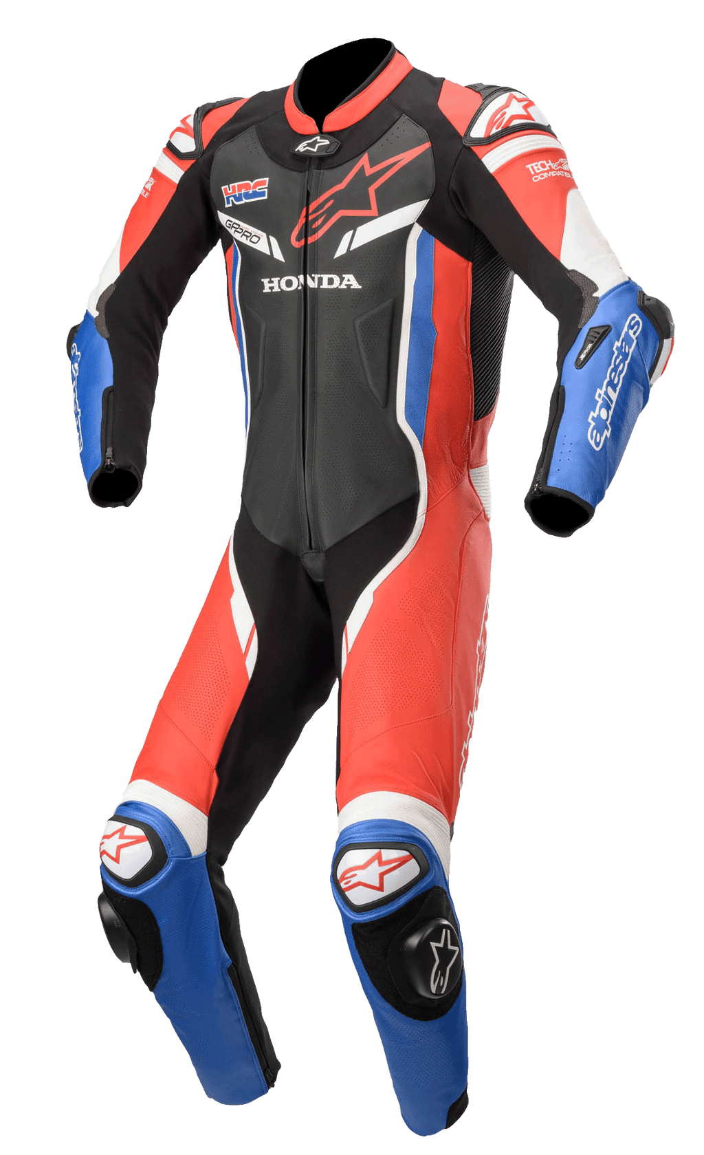 Alpinestars Honda GP Pro V2, profesjonalny jednoczęściowy skórzany kombinezon wyścigowy, czarny, czerwony i niebieski z białymi akcentami, logo Honda i HRC, aerodynamiczny design z perforowaną wentylacją, slidery DFS na ramionach i kolanach, kompatybilny z Tech-Air®