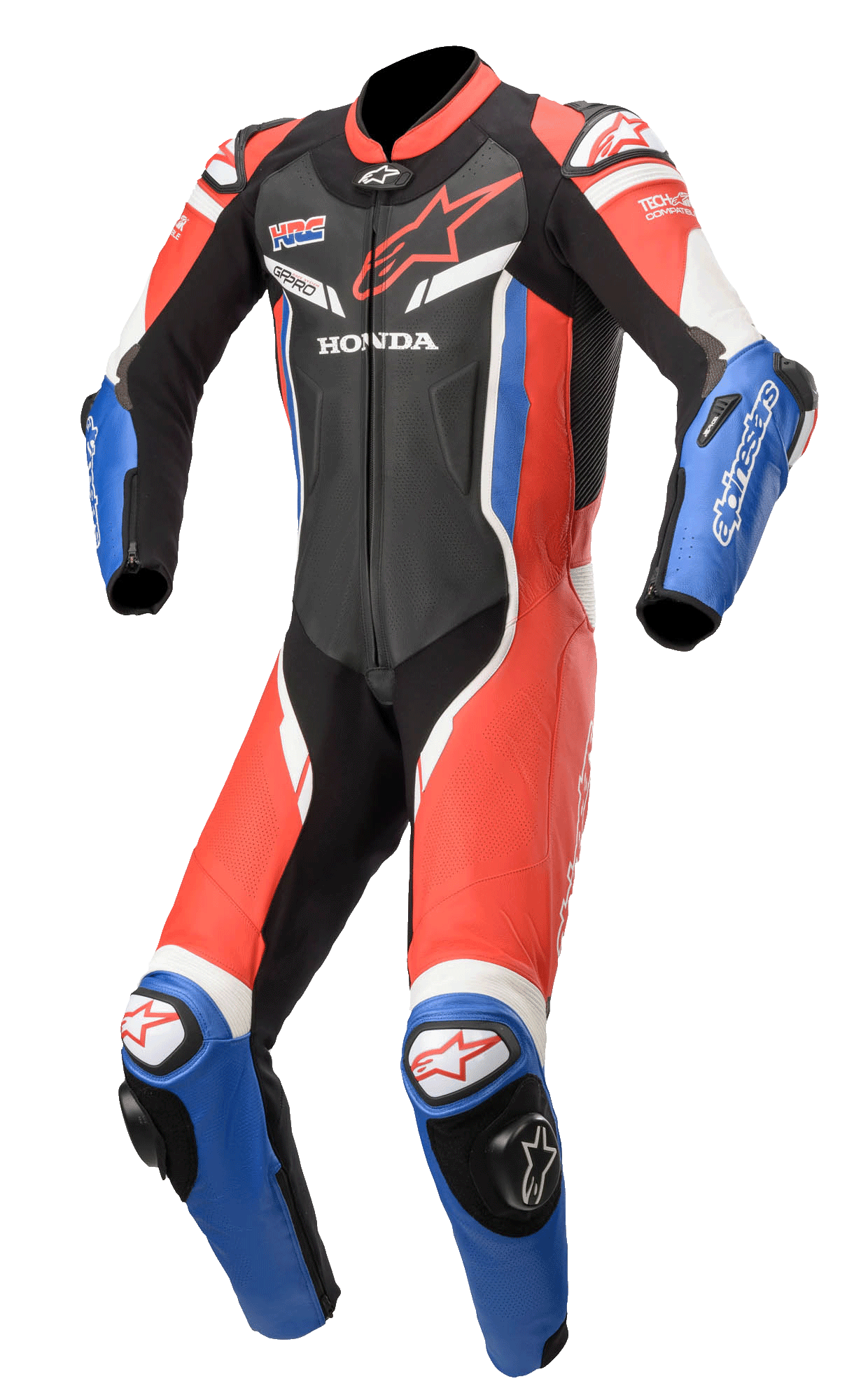 Alpinestars Honda GP Pro V2, profesjonalny jednoczęściowy skórzany kombinezon wyścigowy, czarny, czerwony i niebieski z białymi akcentami, logo Honda i HRC, aerodynamiczny design z perforowaną wentylacją, slidery DFS na ramionach i kolanach, kompatybilny z Tech-Air®