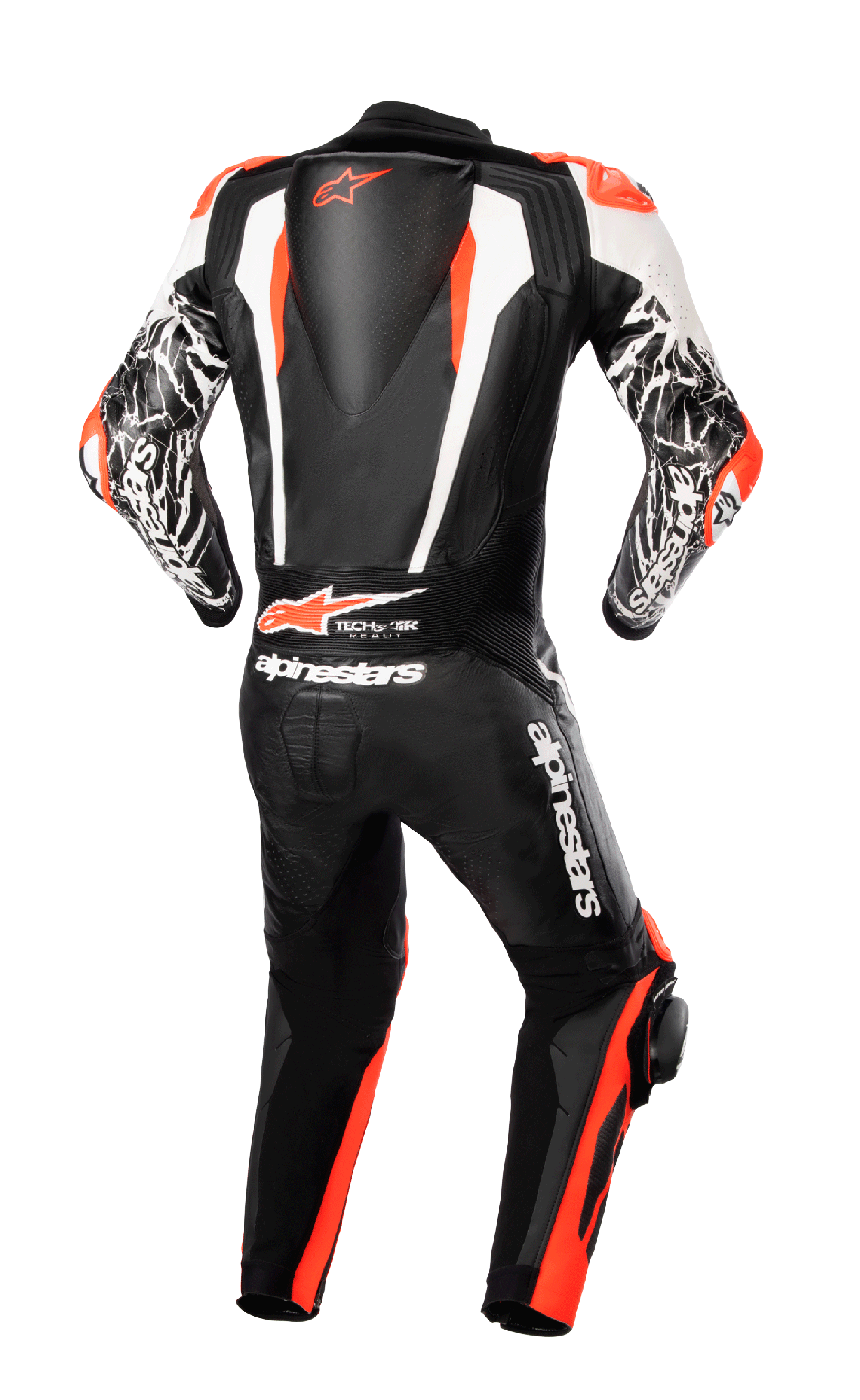 Alpinestars Racing Absolute V2 One Piece Leather Suit, widok z tyłu, czarny, biały i czerwony fluo, aerodynamiczny garb z logo, oznaczenie Tech-Air Ready, białe akcenty na rękawach z marmurowym wzorem, profesjonalny kombinezon motocyklowy na tor