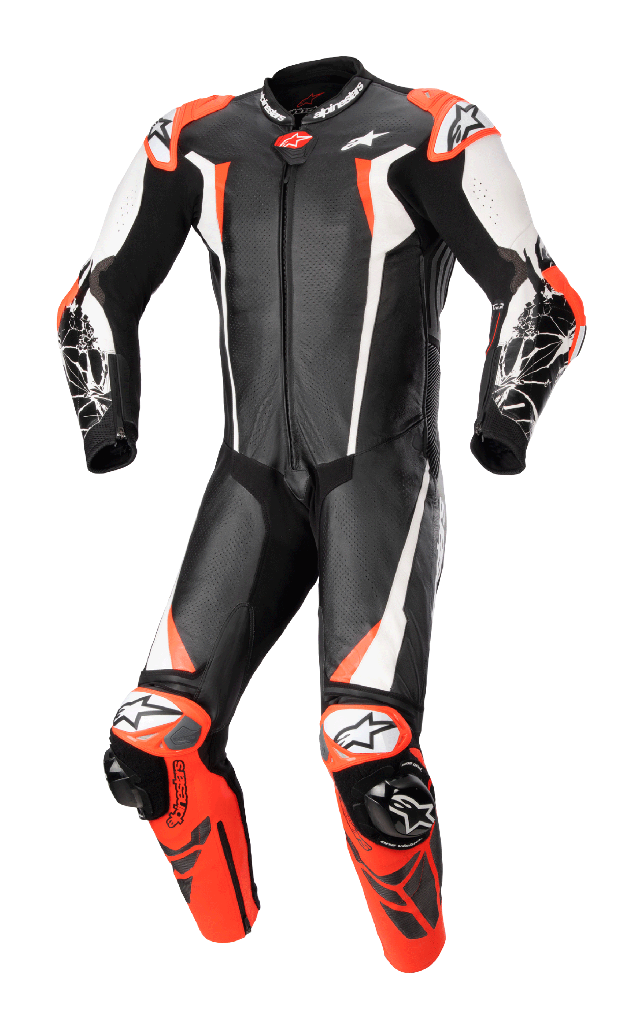 Alpinestars Racing Absolute V2 One Piece Leather Suit, jednoczęściowy motocyklowy kombinezon wyścigowy, czarny, biały i czerwony fluo, aerodynamiczny design z perforowaną skórą, zewnętrzne ślizgacze na ramionach i kolanach, profesjonalna konstrukcja gotowa na tor