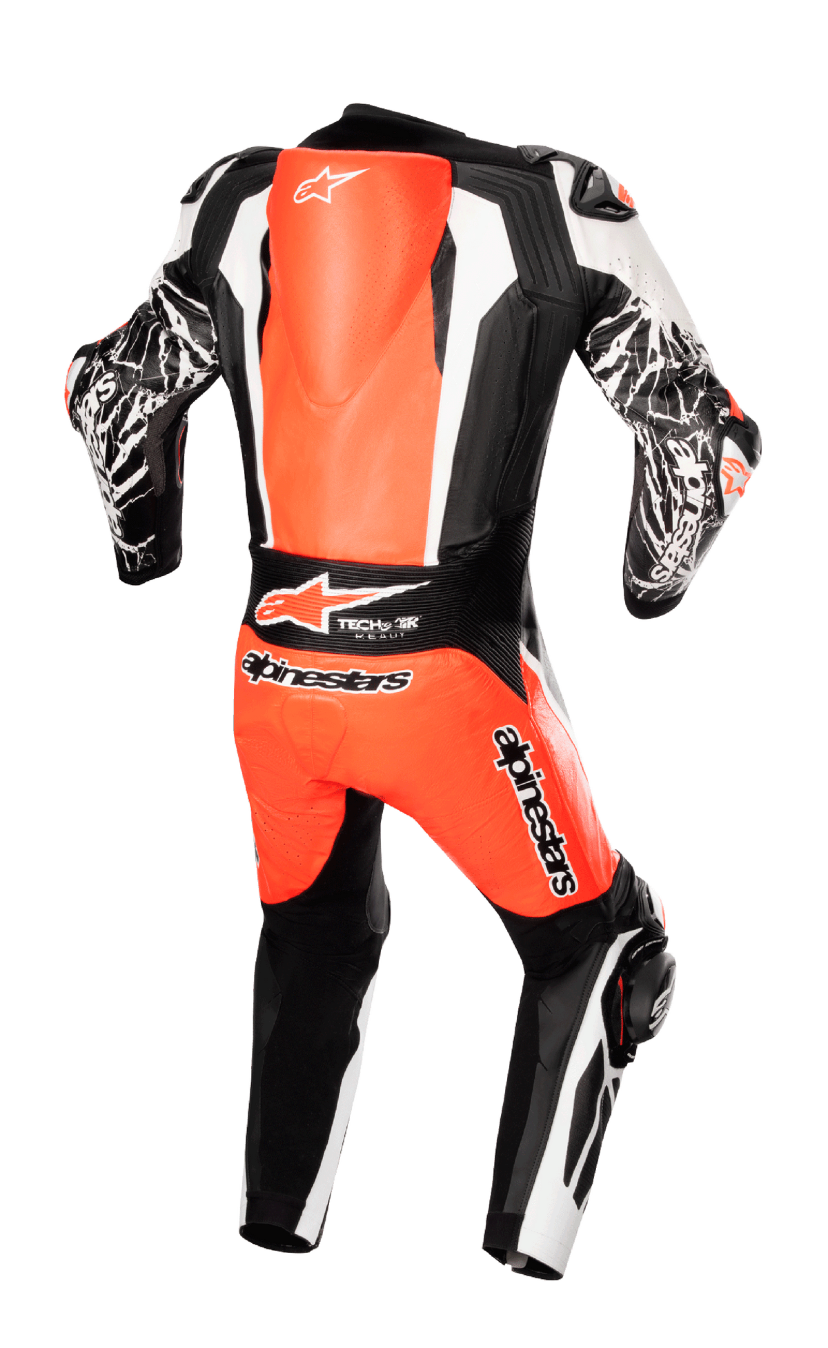 Alpinestars Racing Absolute V2 One Piece Leather Suit, jednoczęściowy kombinezon skórzany, widok z tyłu, kolor czerwony fluo, biały i czarny, aerodynamiczny garb, oznaczenie Tech-Air Ready, grafika z efektem marmuru na rękawach, profesjonalna odzież motocyklowa wyścigowa