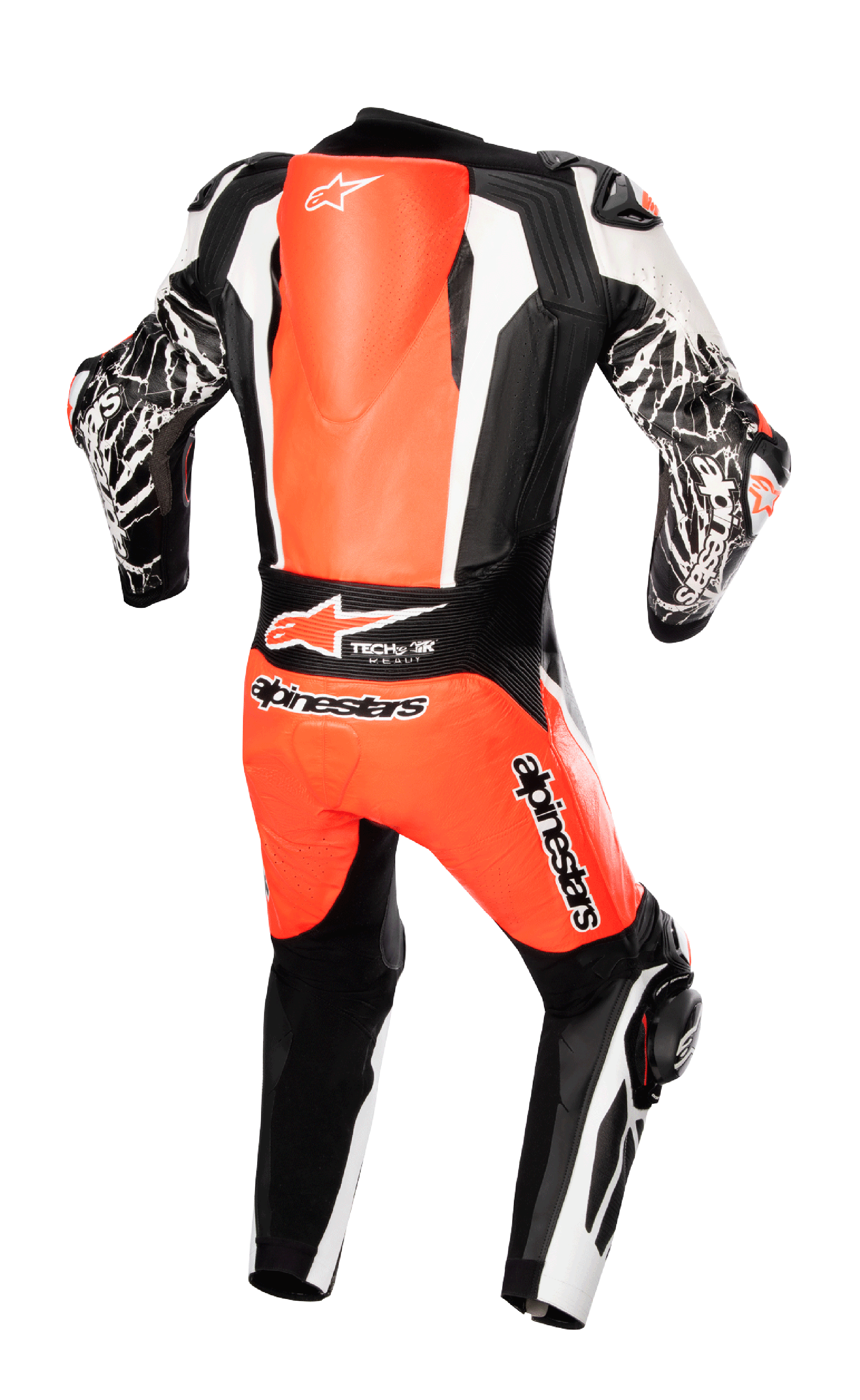 Alpinestars Racing Absolute V2 One Piece Leather Suit, jednoczęściowy kombinezon skórzany, widok z tyłu, kolor czerwony fluo, biały i czarny, aerodynamiczny garb, oznaczenie Tech-Air Ready, grafika z efektem marmuru na rękawach, profesjonalna odzież motocyklowa wyścigowa