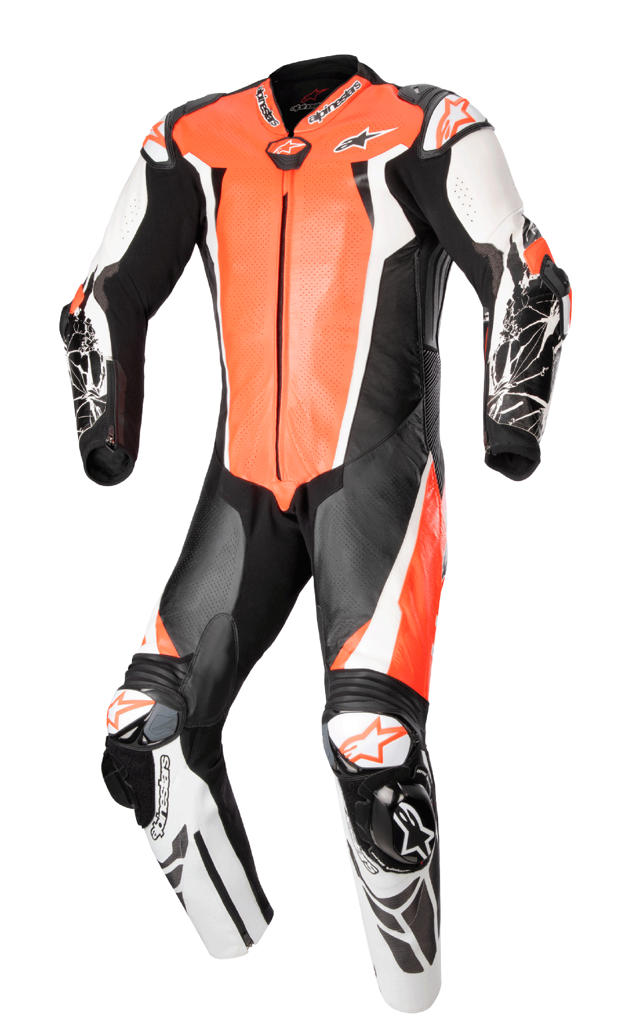 Alpinestars Racing Absolute V2, jednoczęściowy skórzany kombinezon motocyklowy, czerwony fluo, biały i czarny, perforowane panele na klatce piersiowej, zewnętrzne slidery DFS na ramionach i kolanach, graficzne detale na przedramionach, profesjonalna odzież torowa