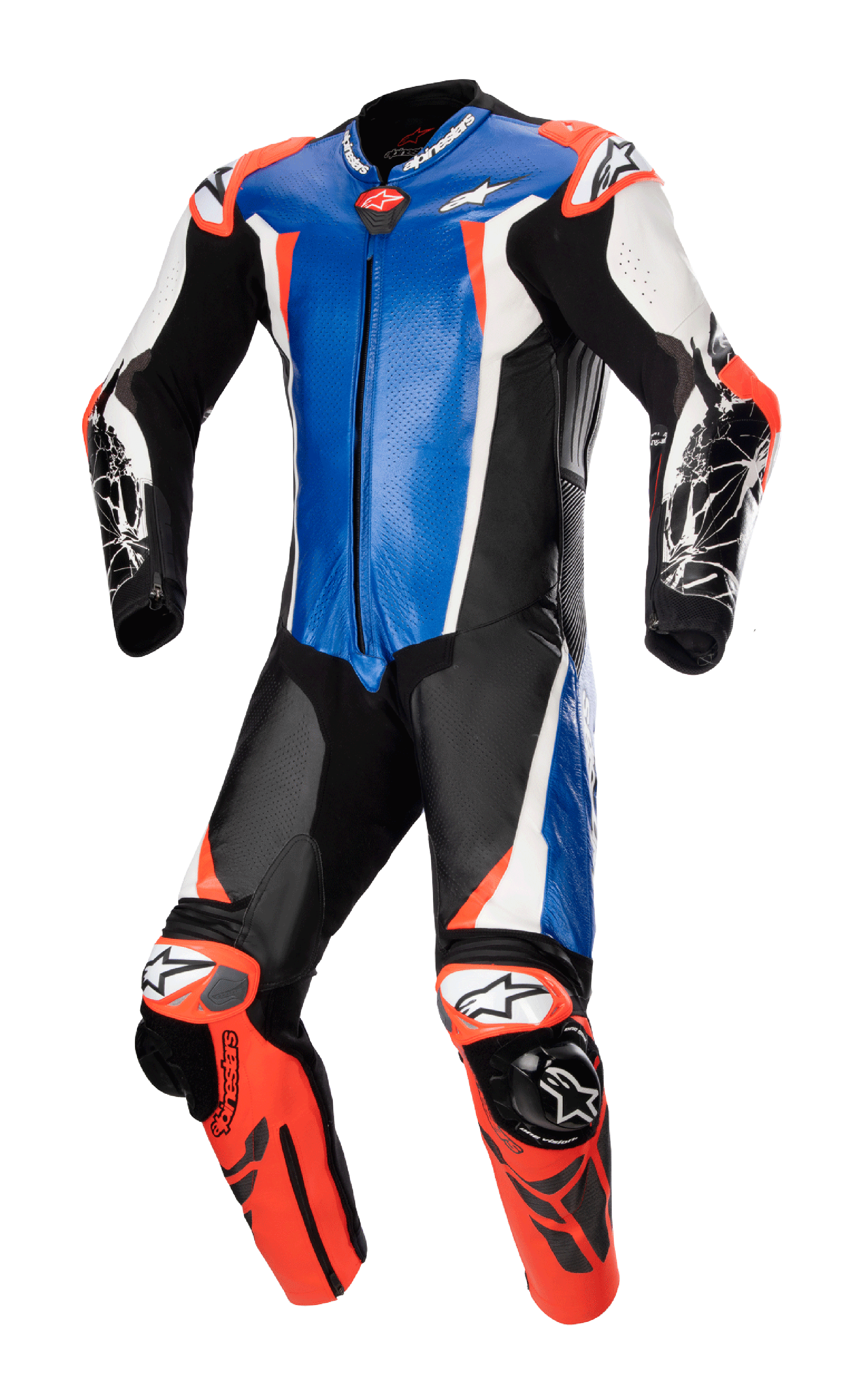 Alpinestars Racing Absolute V2 One Piece Leather Suit, metaliczny niebieski, czarny, biały i czerwony fluo, profesjonalny motocyklowy kombinezon wyścigowy o konstrukcji ze skóry kangura, zewnętrzne ślizgacze GP DFS na ramionach i kolanach oraz perforowane panele zapewniające wydajność na torze.