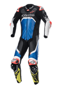 Alpinestars GP Tech V4, jednoczęściowy skórzany kombinezon wyścigowy, czarny, niebieski i żółty fluo z białymi i czerwonymi akcentami, profesjonalny design na tor, panele MATRYX oraz wzmocniona ochrona ramion i kolan