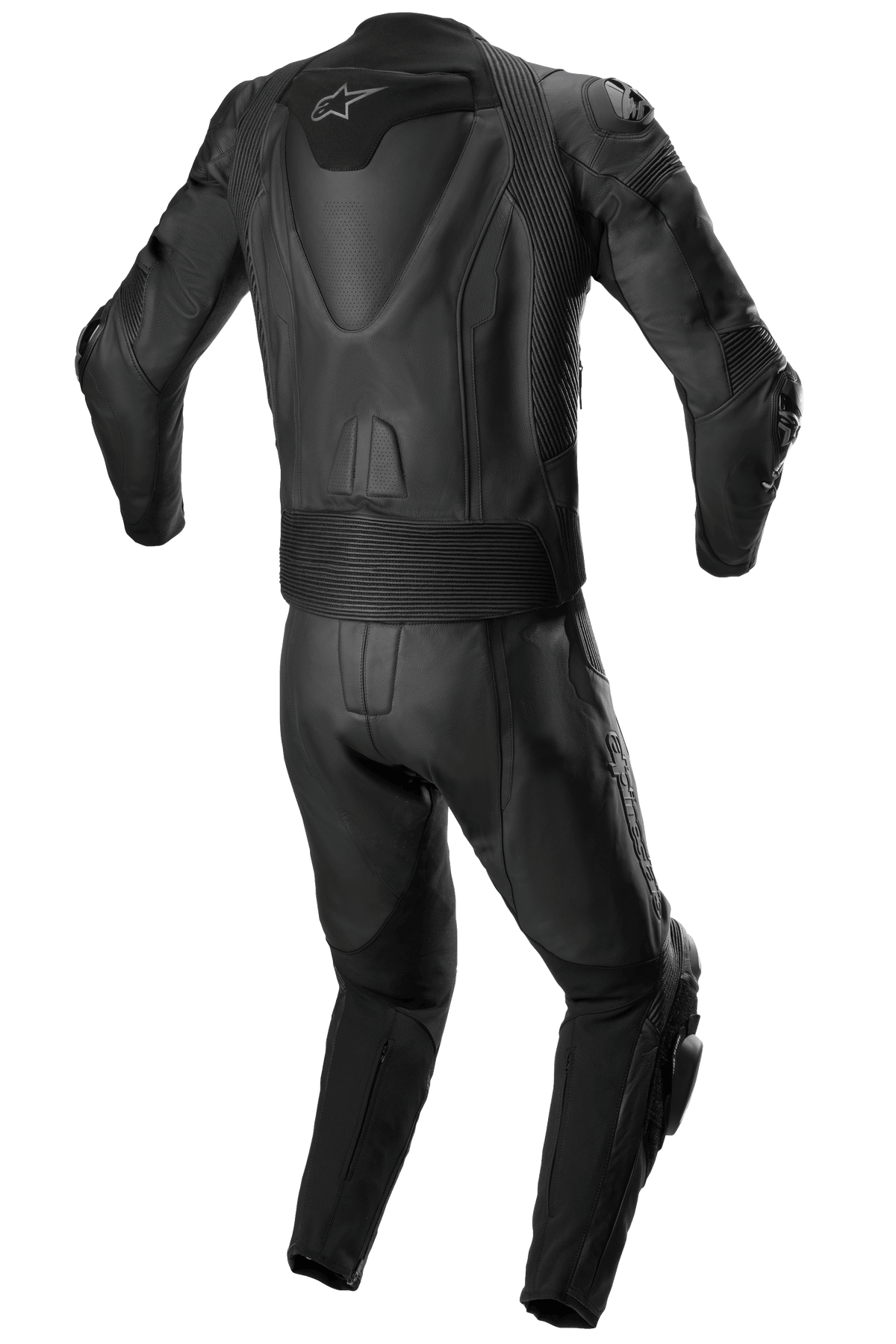 Alpinestars Missile V2 2-Piece Leather Suit, dwuczęściowy skórzany kombinezon wyścigowy, cały czarny, widok z tyłu przedstawiający aerodynamiczny garb z białym logo gwiazdy, harmonijkowe panele elastyczne w pasie i na ramionach oraz detale z perforowanej skóry do wyczynowej jazdy motocyklowej