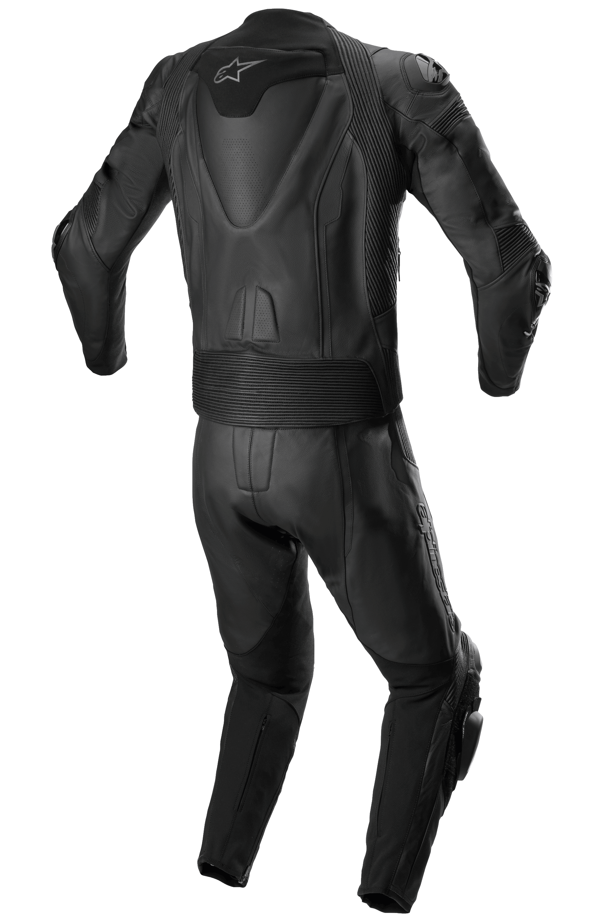 Alpinestars Missile V2 2-Piece Leather Suit, dwuczęściowy skórzany kombinezon wyścigowy, cały czarny, widok z tyłu przedstawiający aerodynamiczny garb z białym logo gwiazdy, harmonijkowe panele elastyczne w pasie i na ramionach oraz detale z perforowanej skóry do wyczynowej jazdy motocyklowej
