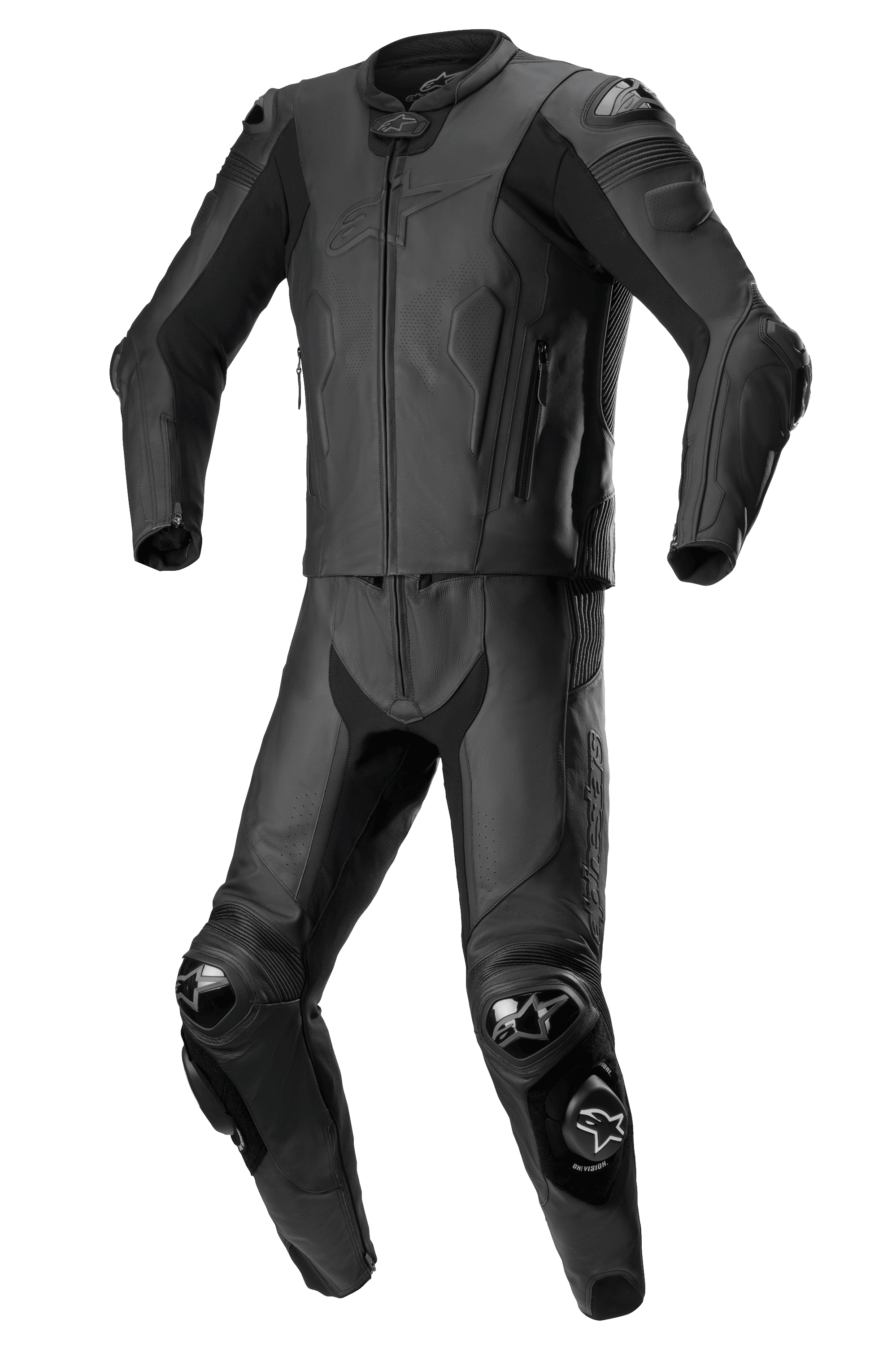 Alpinestars Missile V2, dwuczęściowy kombinezon skórzany, czarny, motocyklowy kombinezon wyścigowy, wzmocnione ramiona, łokcie i kolana z ochronnymi sliderami, aerodynamiczny design z kurtką i spodniami zapinanymi na zamek, konstrukcja ze skóry premium z teksturowanymi panelami