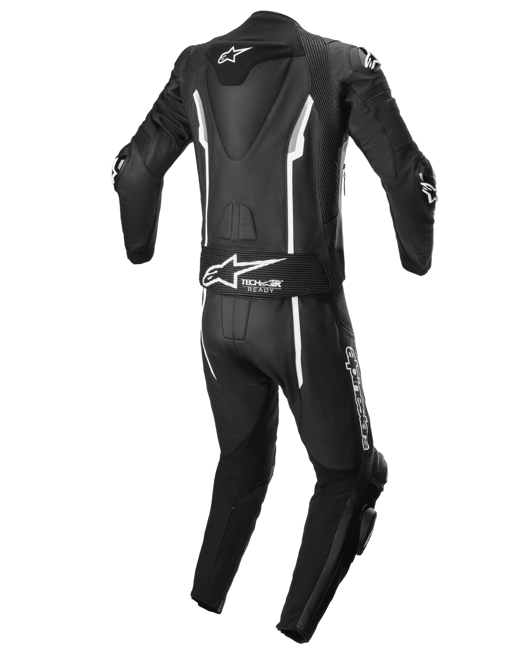 Alpinestars Missile V2 2-Piece Leather Suit, dwuczęściowy skórzany kombinezon motocyklowy, czarno-biały, widok z tyłu z aerodynamicznym garbem, panel stretch Tech-Air Ready, białe liniowe akcenty oraz branding Alpinestars na dolnej części pleców i nogawce