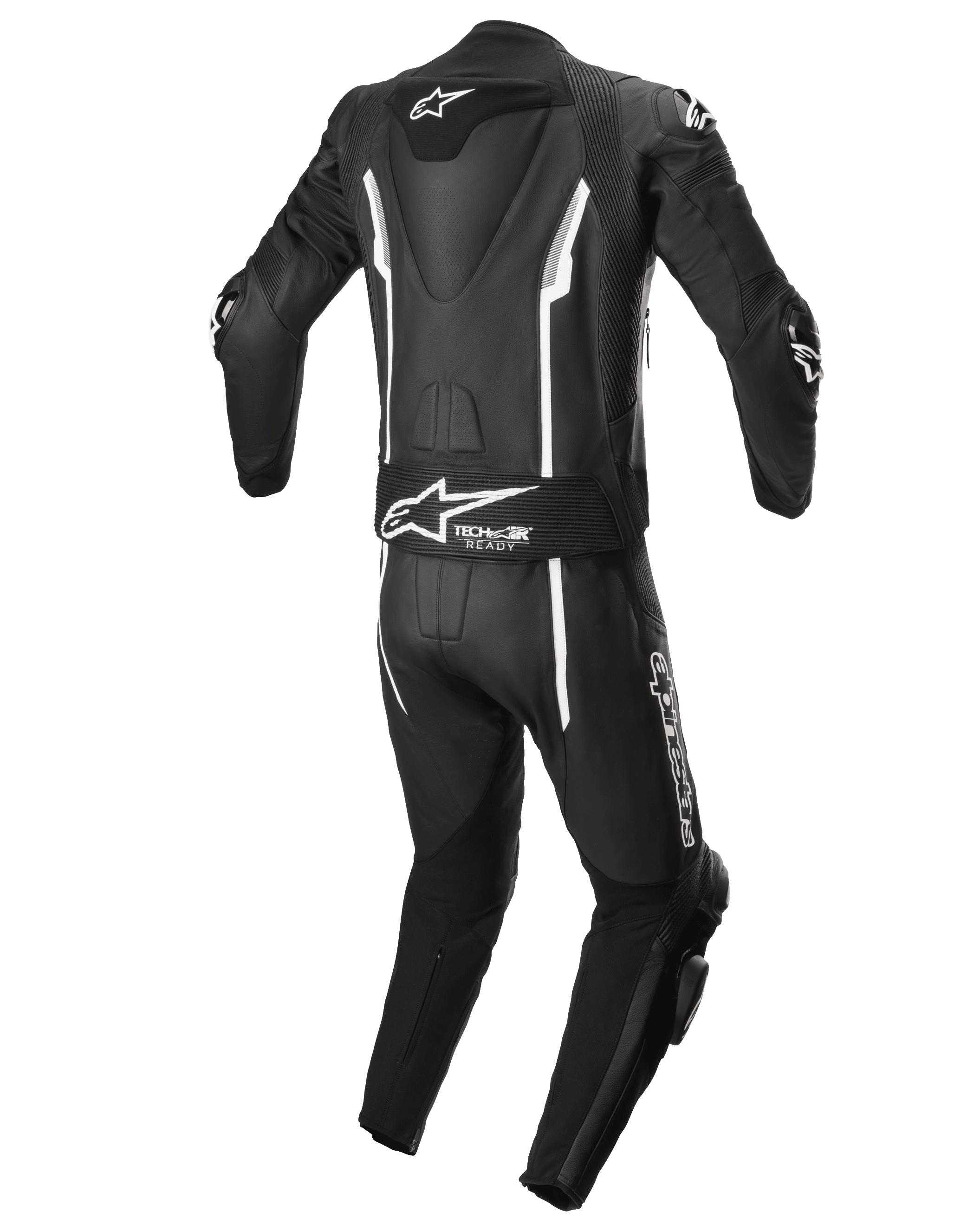 Alpinestars Missile V2 2-Piece Leather Suit, dwuczęściowy skórzany kombinezon motocyklowy, czarno-biały, widok z tyłu z aerodynamicznym garbem, panel stretch Tech-Air Ready, białe liniowe akcenty oraz branding Alpinestars na dolnej części pleców i nogawce