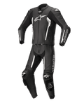 Alpinestars Missile V2 2-Piece Leather Suit, czarno-biały, profesjonalny motocyklowy kombinezon wyścigowy, wysokiej jakości skórzana konstrukcja z białymi akcentami i logo, wyposażony w protektory i slidery kolan, smukły aerodynamiczny design