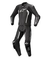 Alpinestars Missile V2 2-Piece Leather Suit, czarno-biały, profesjonalny motocyklowy kombinezon wyścigowy, wysokiej jakości skórzana konstrukcja z białymi akcentami i logo, wyposażony w protektory i slidery kolan, smukły aerodynamiczny design
