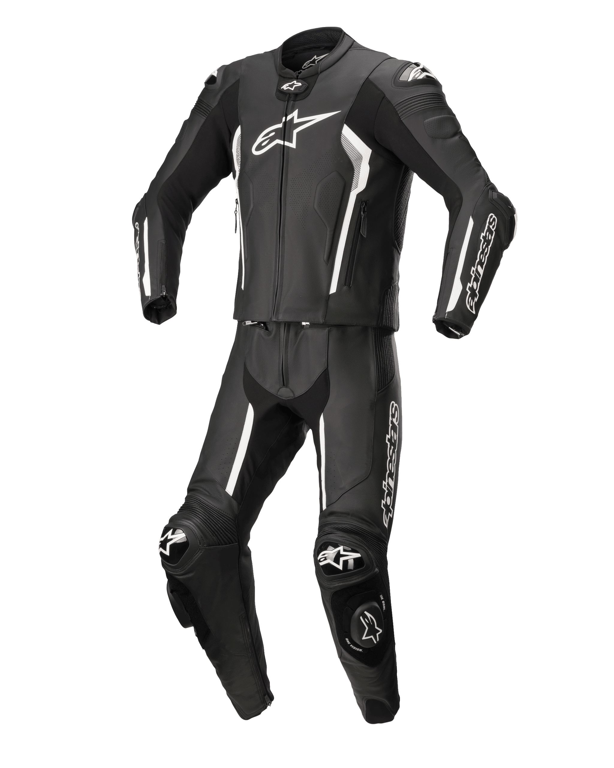 Alpinestars Missile V2 2-Piece Leather Suit, czarno-biały, profesjonalny motocyklowy kombinezon wyścigowy, wysokiej jakości skórzana konstrukcja z białymi akcentami i logo, wyposażony w protektory i slidery kolan, smukły aerodynamiczny design