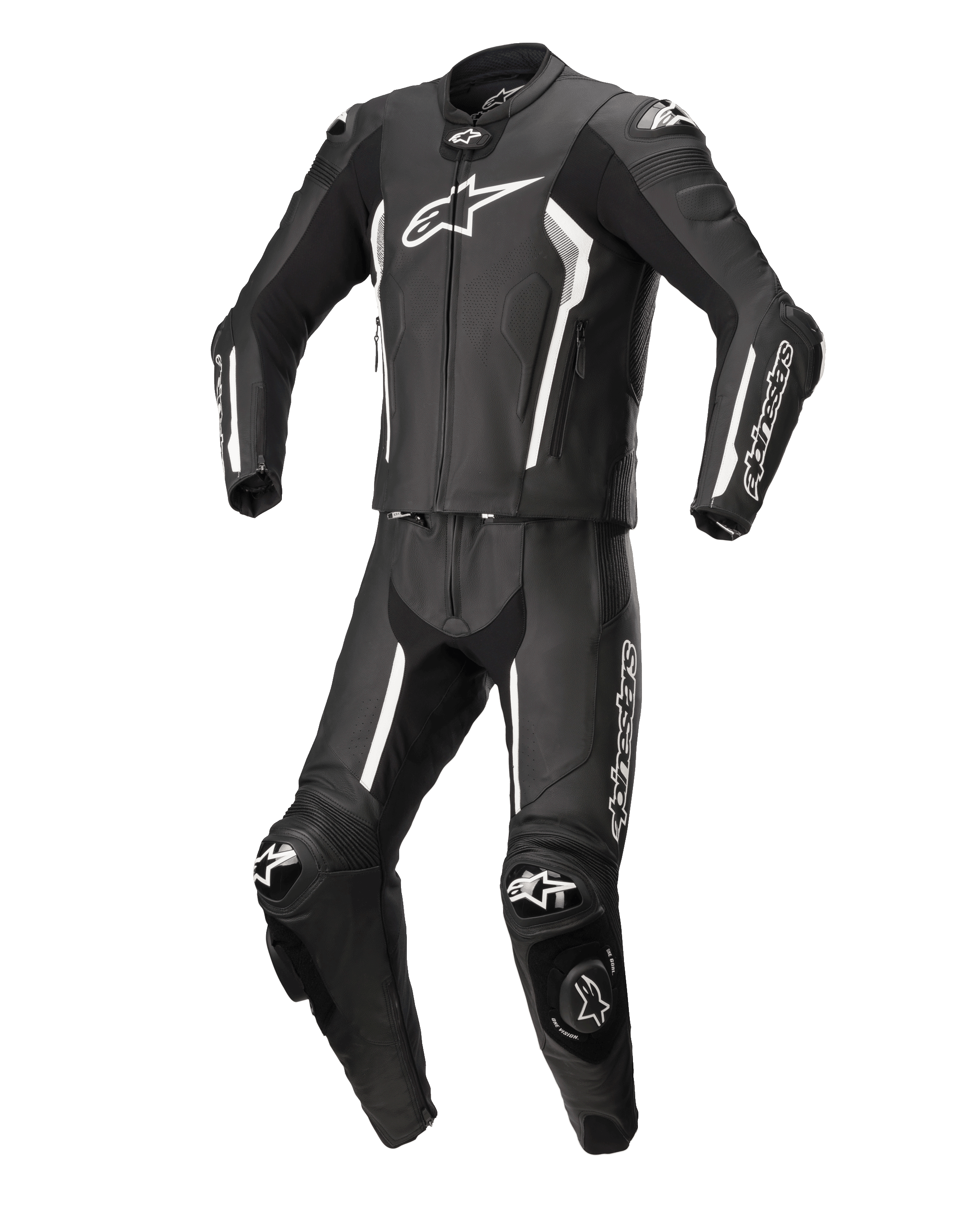 Alpinestars Missile V2 2-Piece Leather Suit, czarno-biały, profesjonalny motocyklowy kombinezon wyścigowy, wysokiej jakości skórzana konstrukcja z białymi akcentami i logo, wyposażony w protektory i slidery kolan, smukły aerodynamiczny design