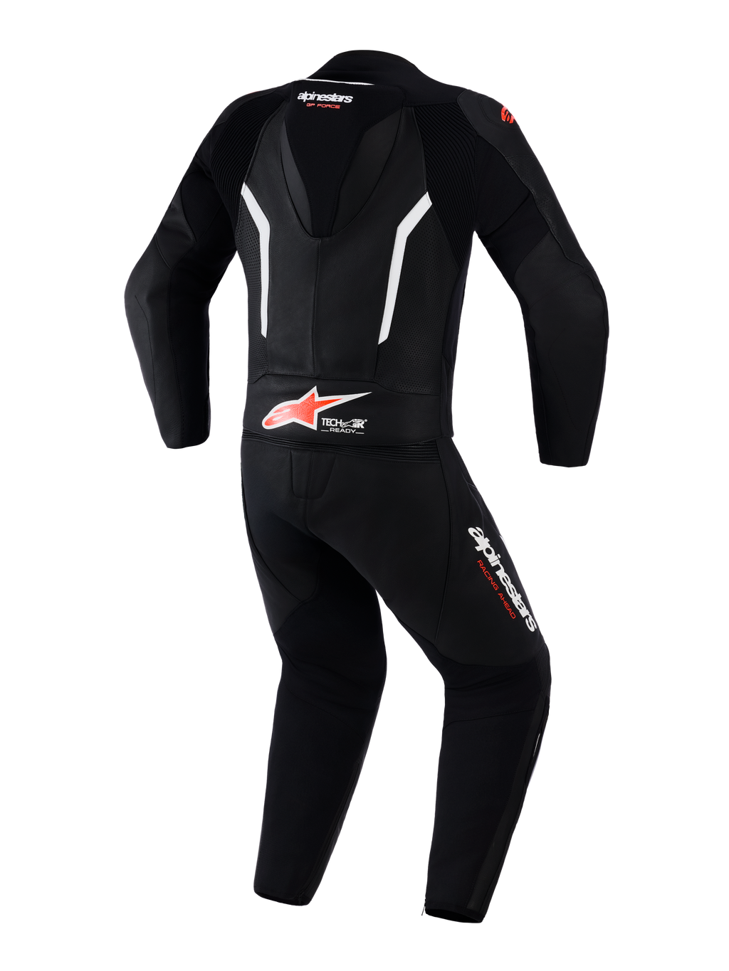 Alpinestars GP Force V2 Leather Suit 2-Piece, dwuczęściowy motocyklowy kombinezon wyścigowy, czarno-biało-czerwony (Red Fluo), widok z tyłu pokazujący aerodynamiczny garb, logo Tech-Air Ready na dole pleców, perforowane panele skórzane dla wentylacji, logo Alpinestars na nogawkach i kołnierzu