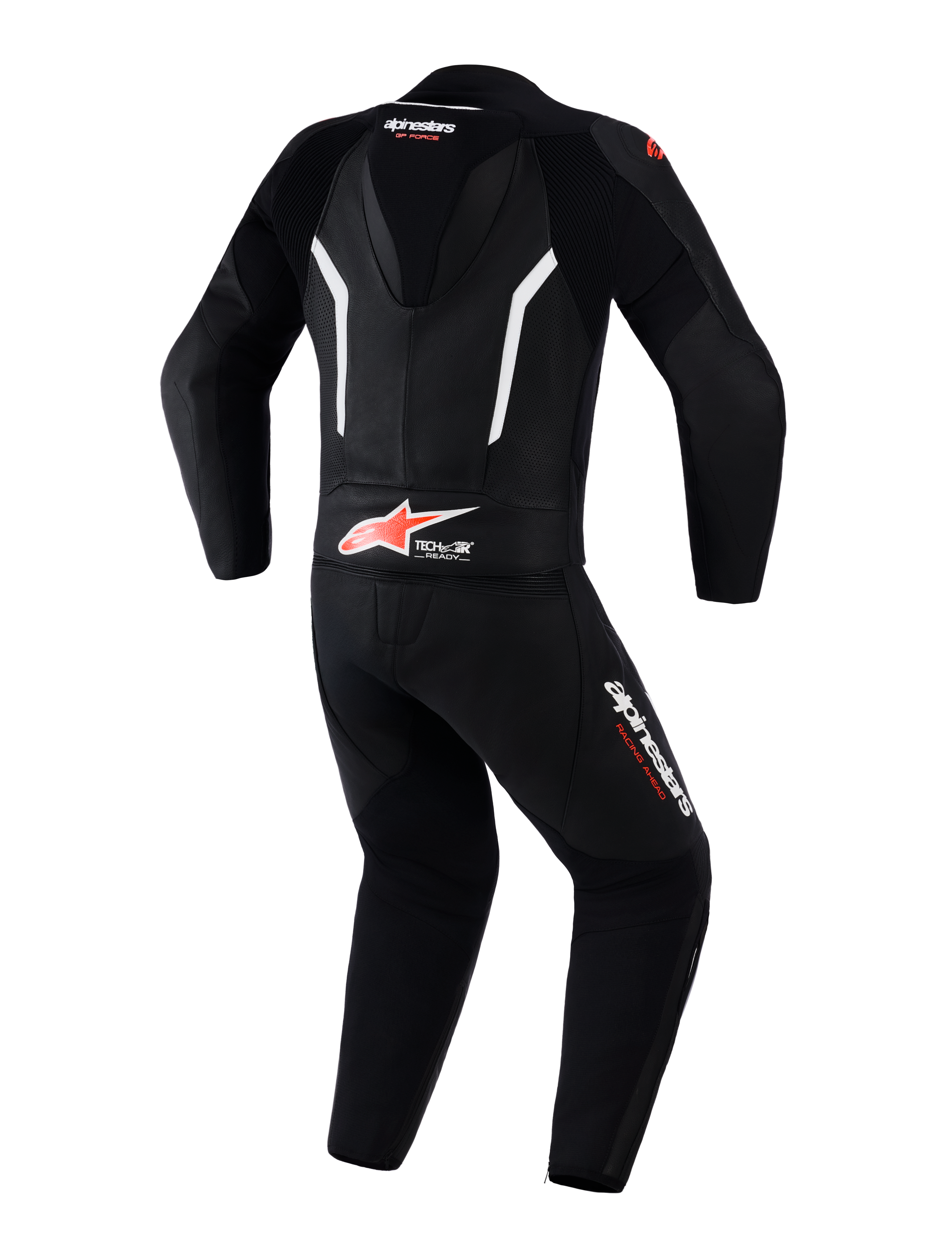 Alpinestars GP Force V2 Leather Suit 2-Piece, dwuczęściowy motocyklowy kombinezon wyścigowy, czarno-biało-czerwony (Red Fluo), widok z tyłu pokazujący aerodynamiczny garb, logo Tech-Air Ready na dole pleców, perforowane panele skórzane dla wentylacji, logo Alpinestars na nogawkach i kołnierzu