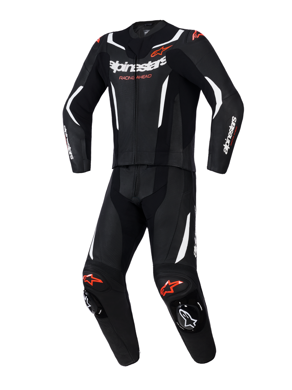 Alpinestars GP Force V2 2-Piece Leather Suit, dwuczęściowy kombinezon skórzany, czarny z białymi i czerwonymi akcentami fluo, perforowane panele skórzane, białe kontrastowe pasy, czerwone logo, zintegrowane ślizgacze kolan, profesjonalna sportowa odzież motocyklowa