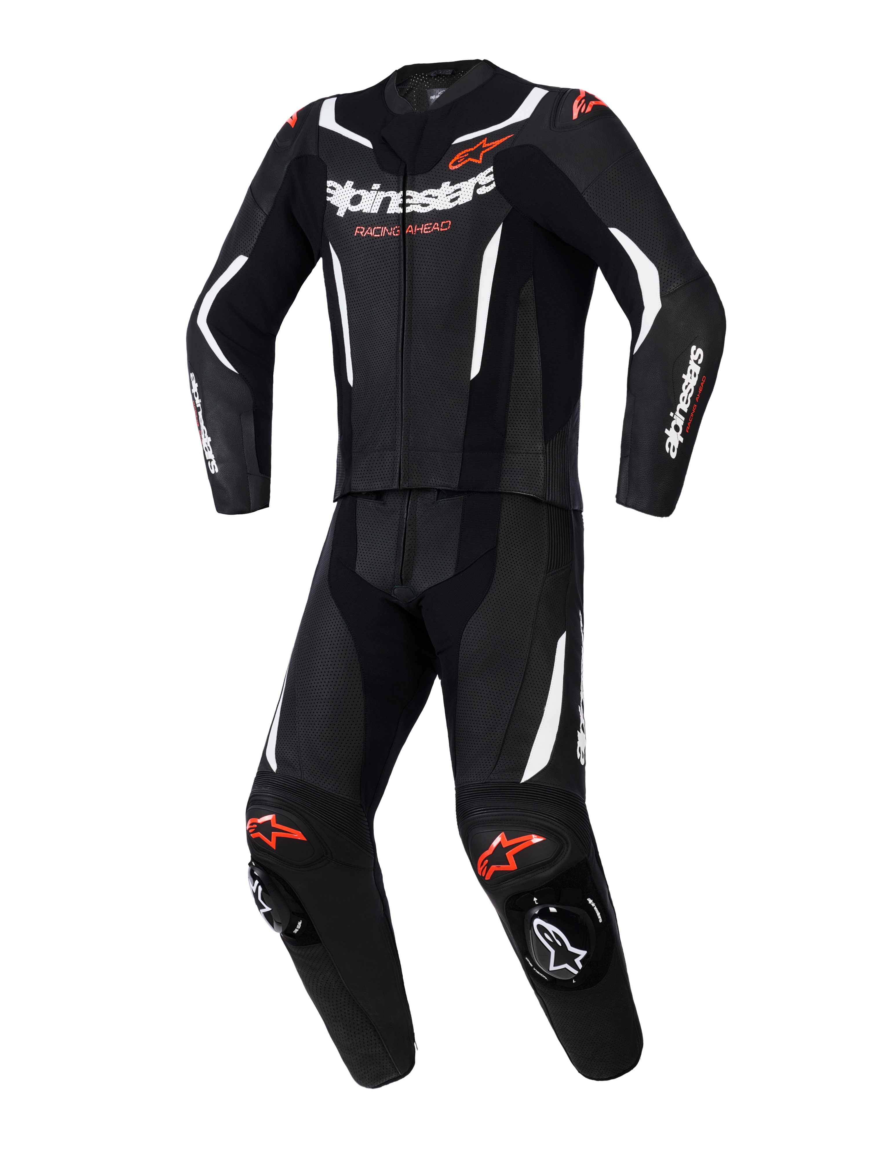 Alpinestars GP Force V2 2-Piece Leather Suit, dwuczęściowy kombinezon skórzany, czarny z białymi i czerwonymi akcentami fluo, perforowane panele skórzane, białe kontrastowe pasy, czerwone logo, zintegrowane ślizgacze kolan, profesjonalna sportowa odzież motocyklowa
