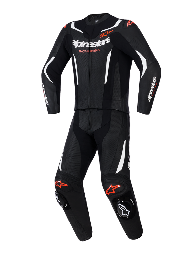 Alpinestars GP Force V2 2-Piece Leather Suit, Motorcycle Racing Suit, Black with White and Red Fluo accents, featuring perforated leather panels, white contrast stripes, red logos, and integrated knee sliders, professional sport riding gear