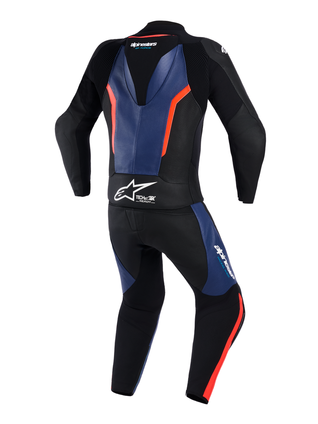 Alpinestars GP Force V2 Leather Suit 2-Piece, widok z tyłu, czarny z niebieskimi i czerwonymi akcentami fluo, profesjonalny motocyklowy kombinezon wyścigowy z garbem aerodynamicznym, białym logo Tech-Air Ready w pasie, perforowanymi panelami skórzanymi i harmonijkowymi strefami elastycznymi dla lepszej swobody ruchów.