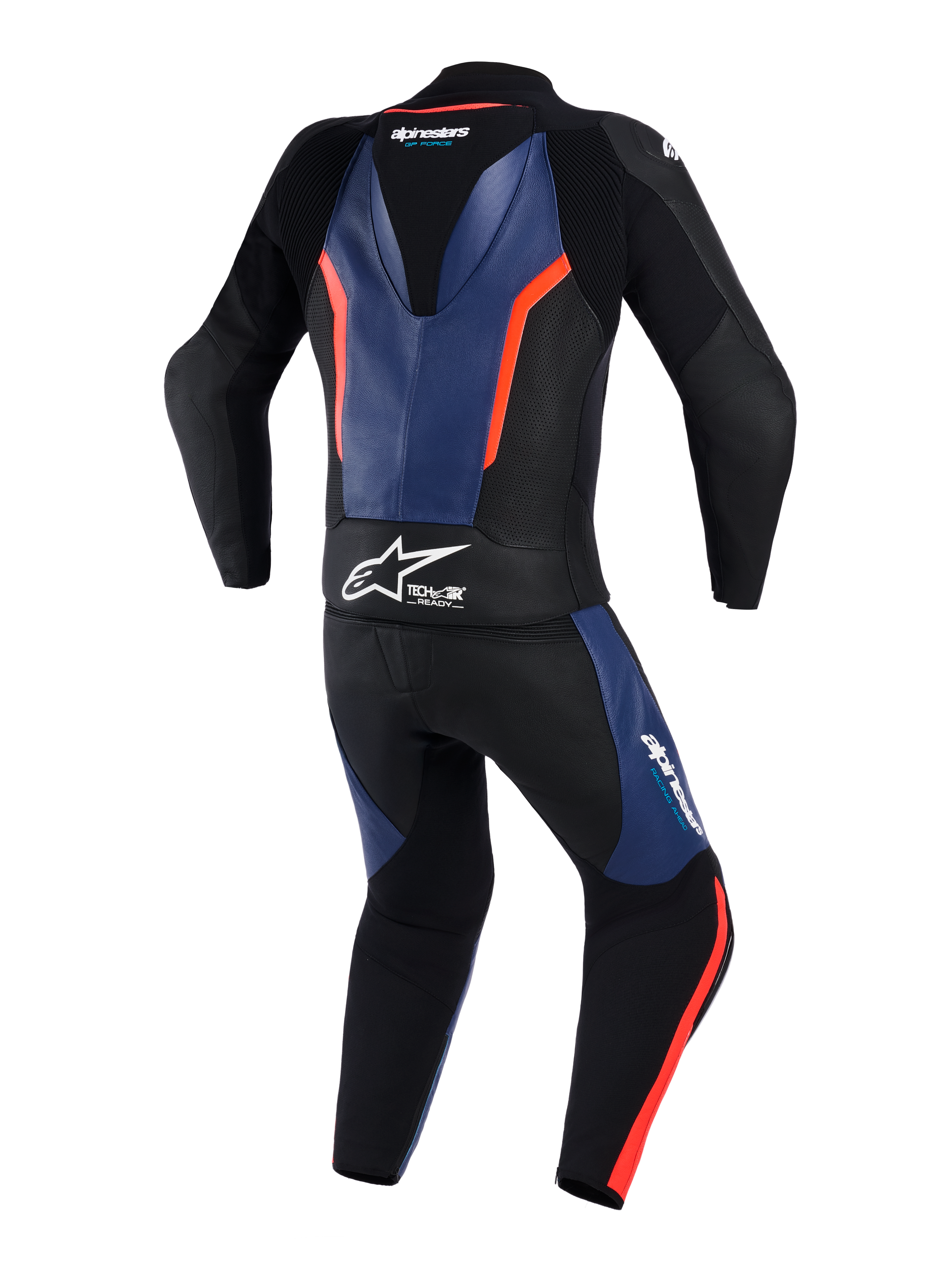 Alpinestars GP Force V2 Leather Suit 2-Piece, widok z tyłu, czarny z niebieskimi i czerwonymi akcentami fluo, profesjonalny motocyklowy kombinezon wyścigowy z garbem aerodynamicznym, białym logo Tech-Air Ready w pasie, perforowanymi panelami skórzanymi i harmonijkowymi strefami elastycznymi dla lepszej swobody ruchów.