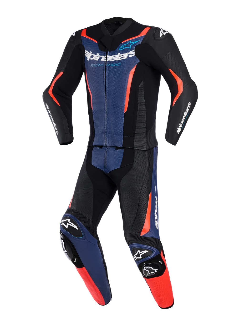 Alpinestars GP Force V2 Leather Suit 2-Piece, dwuczęściowy skórzany kombinezon motocyklowy, czarny, niebieski i czerwony fluo, profesjonalny kombinezon wyścigowy z perforowanymi panelami skórzanymi, zintegrowanymi ślizgaczami kolan i wyraźnym logo na klatce piersiowej i rękawach