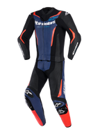 Alpinestars GP Force V2 Leather Suit 2-Piece, dwuczęściowy skórzany kombinezon motocyklowy, czarny, niebieski i czerwony fluo, profesjonalny kombinezon wyścigowy z perforowanymi panelami skórzanymi, zintegrowanymi ślizgaczami kolan i wyraźnym logo na klatce piersiowej i rękawach