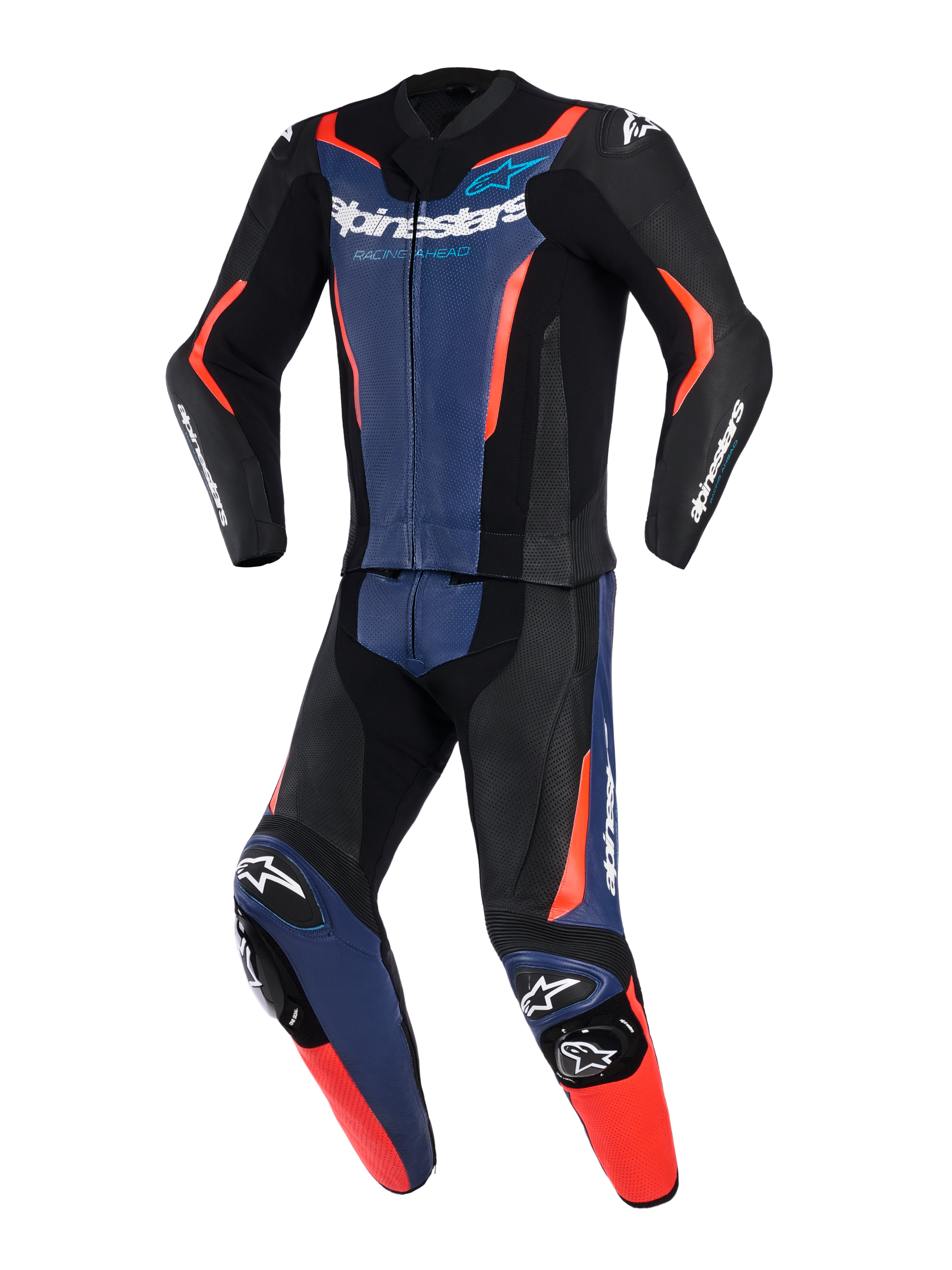 Alpinestars GP Force V2 Leather Suit 2-Piece, dwuczęściowy skórzany kombinezon motocyklowy, czarny, niebieski i czerwony fluo, profesjonalny kombinezon wyścigowy z perforowanymi panelami skórzanymi, zintegrowanymi ślizgaczami kolan i wyraźnym logo na klatce piersiowej i rękawach