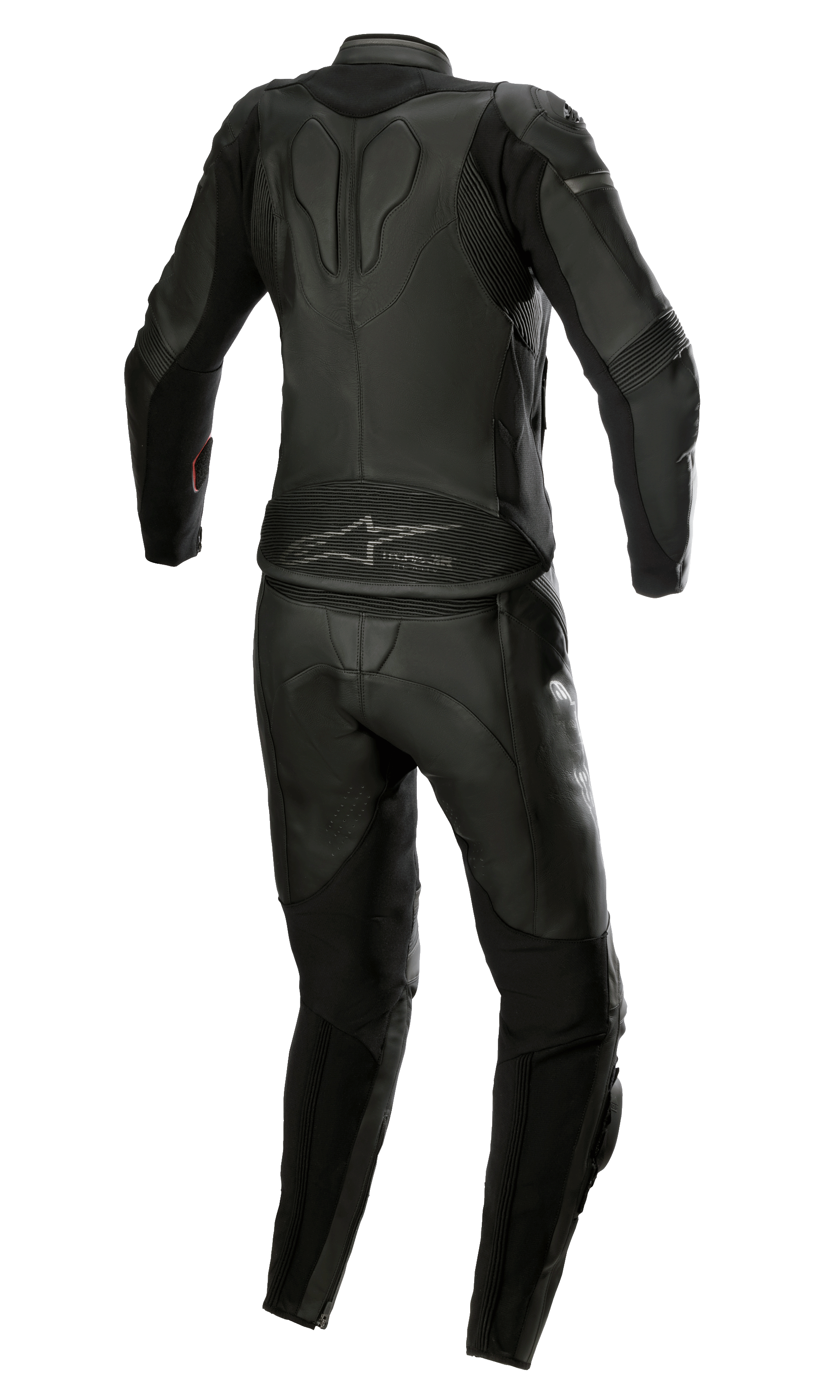 Damski dwuczęściowy kombinezon skórzany Alpinestars Stella GP Plus, czarny i metaliczny szary, widok z tyłu prezentujący opływowy design z harmonijkowymi panelami elastycznymi, ochronna skórzana konstrukcja i logo Alpinestars na dole pleców, krój wyścigowy dopasowany do kobiecej sylwetki