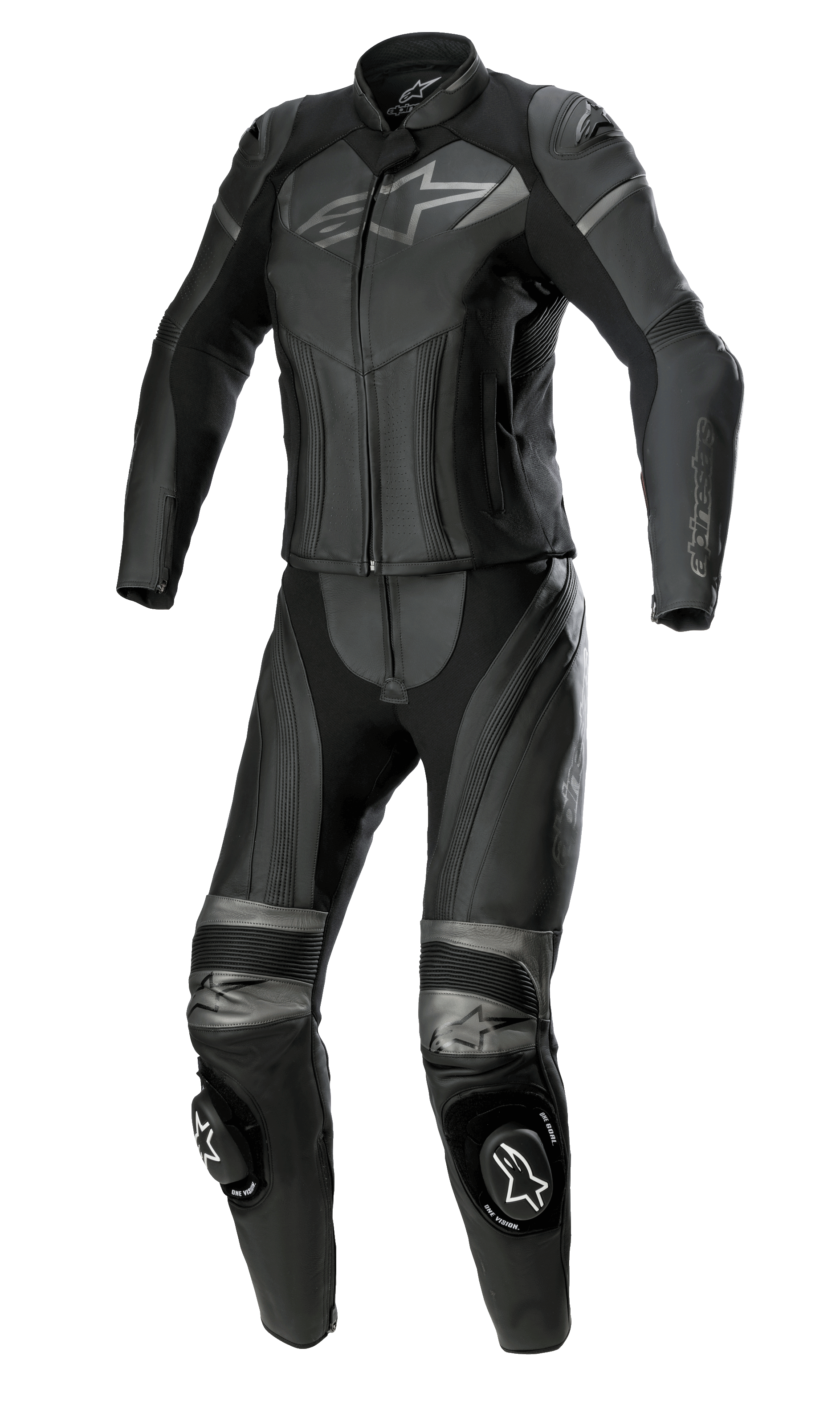 Alpinestars Stella GP Plus 2-Piece Leather Suit, damski dwuczęściowy kombinezon skórzany, czarny metaliczny szary, szare logo Alpinestars na klatce piersiowej i kolanach, skórzane panele elastyczne typu akordeon, slidery na kolanach, profesjonalna odzież wyścigowa dopasowana do kobiecej sylwetki