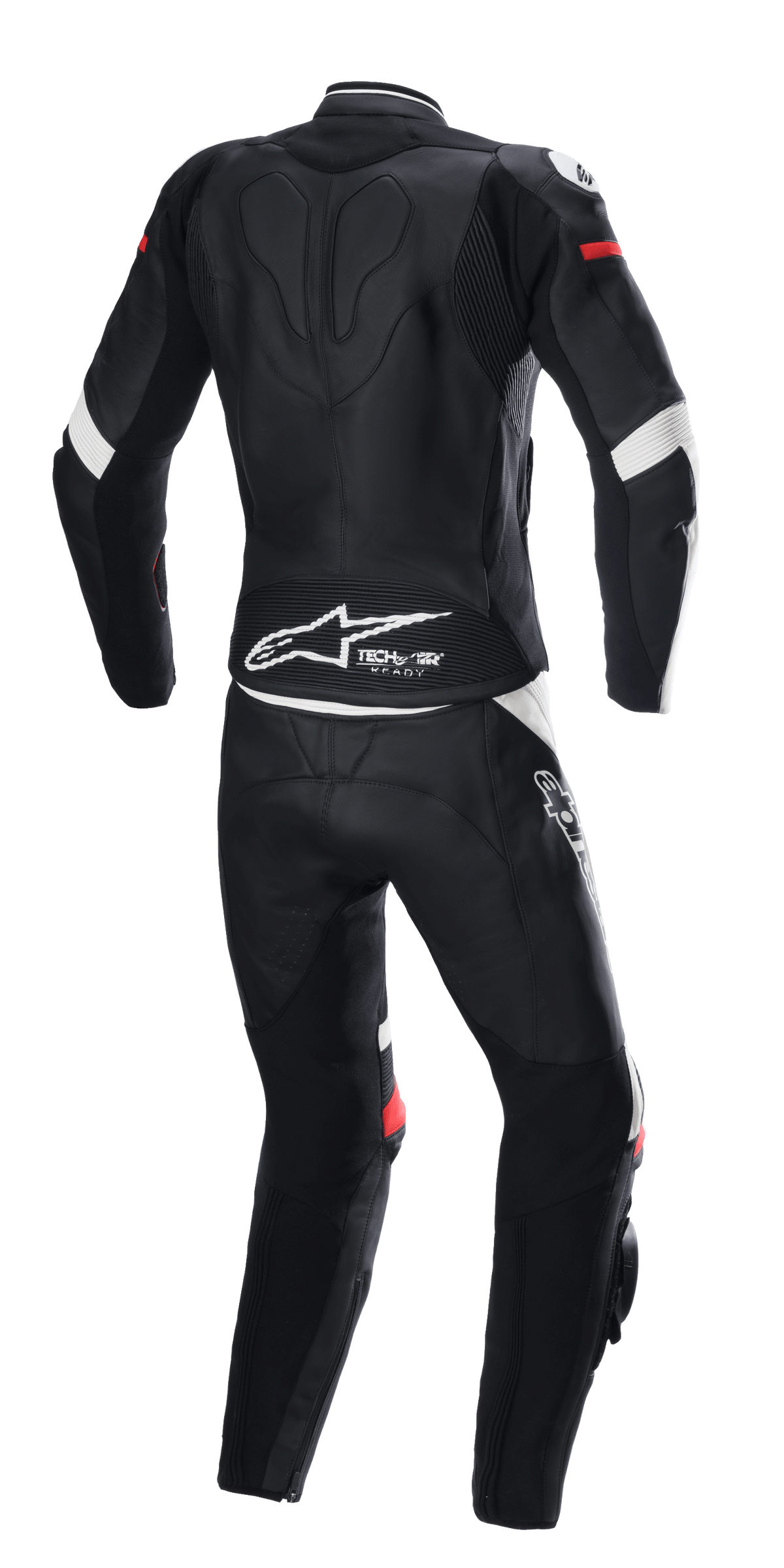 Dwuczęściowy kombinezon skórzany Alpinestars Stella GP Plus, czarno-biały z jaskrawoczerwonymi akcentami, widok z tyłu, z logo Tech-Air Ready i logo Alpinestars na dole pleców, ergonomiczny kombinezon ochronny z elastycznymi panelami do wyścigów motocyklowych.