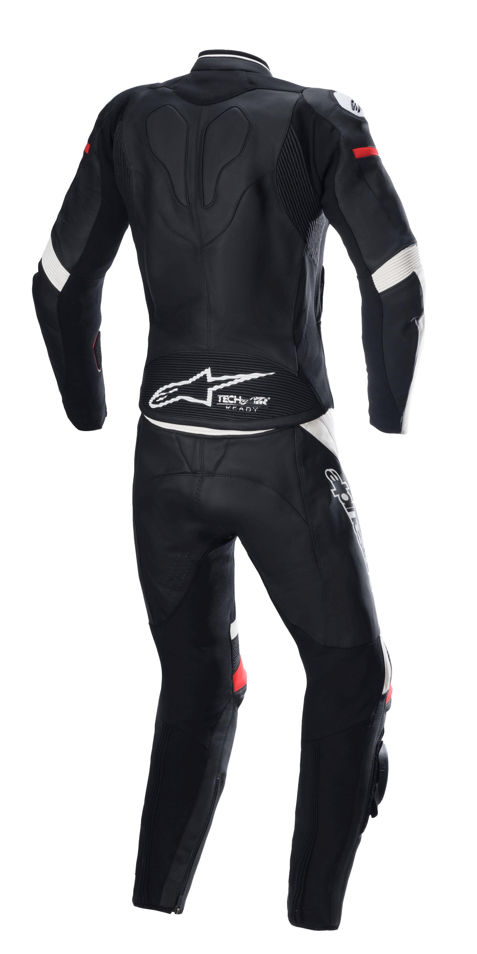 Dwuczęściowy kombinezon skórzany Alpinestars Stella GP Plus, czarno-biały z jaskrawoczerwonymi akcentami, widok z tyłu, z logo Tech-Air Ready i logo Alpinestars na dole pleców, ergonomiczny kombinezon ochronny z elastycznymi panelami do wyścigów motocyklowych.