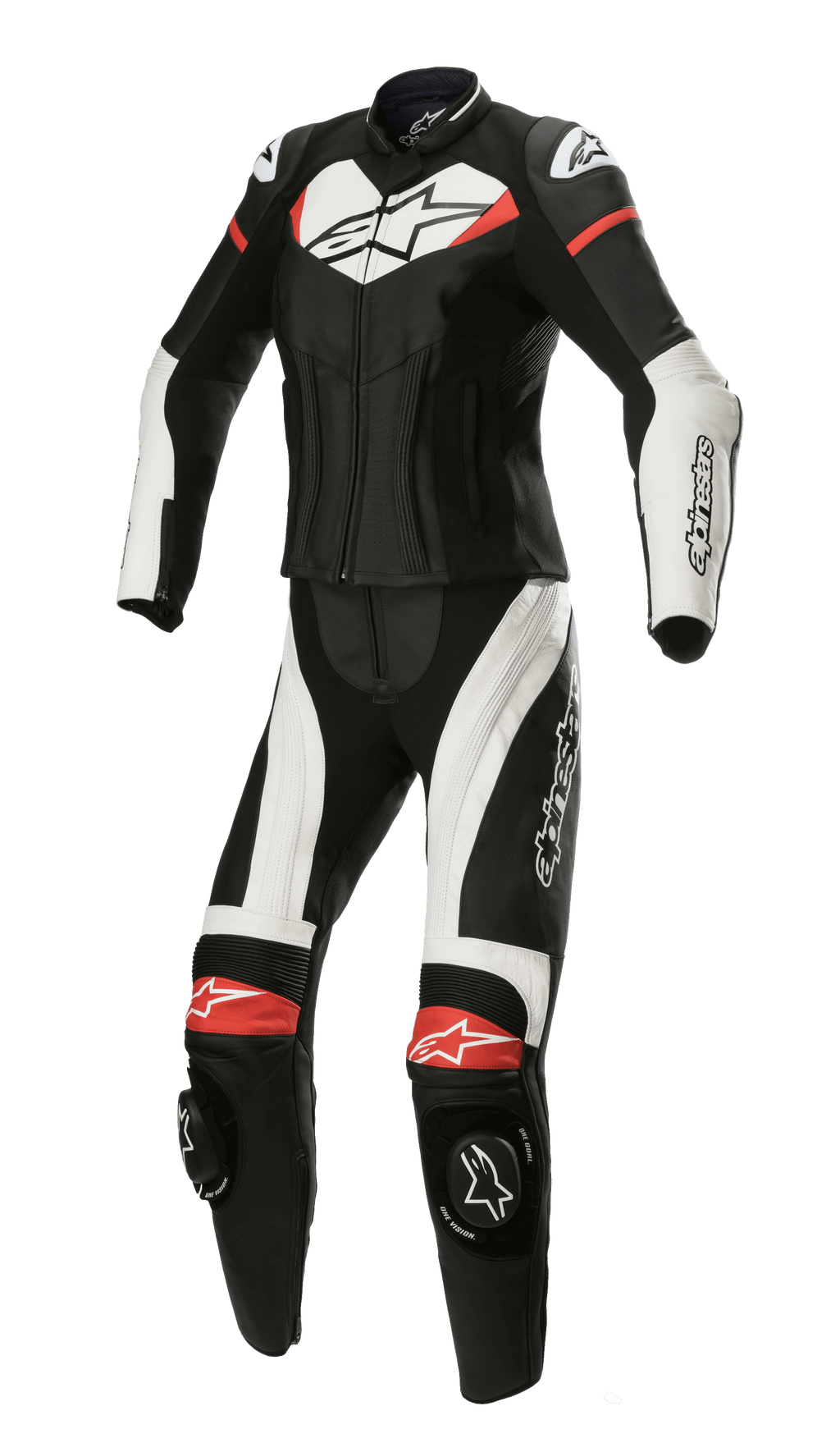 Alpinestars Stella GP Plus 2-Piece Leather Suit, damski dwuczęściowy kombinezon wyścigowy ze skóry, czarny z białymi i jaskrawoczerwonymi akcentami, aerodynamiczny profil, ochraniacze ramion DFS Lite, slidery kolan i panele elastyczne dla kobiecego dopasowania