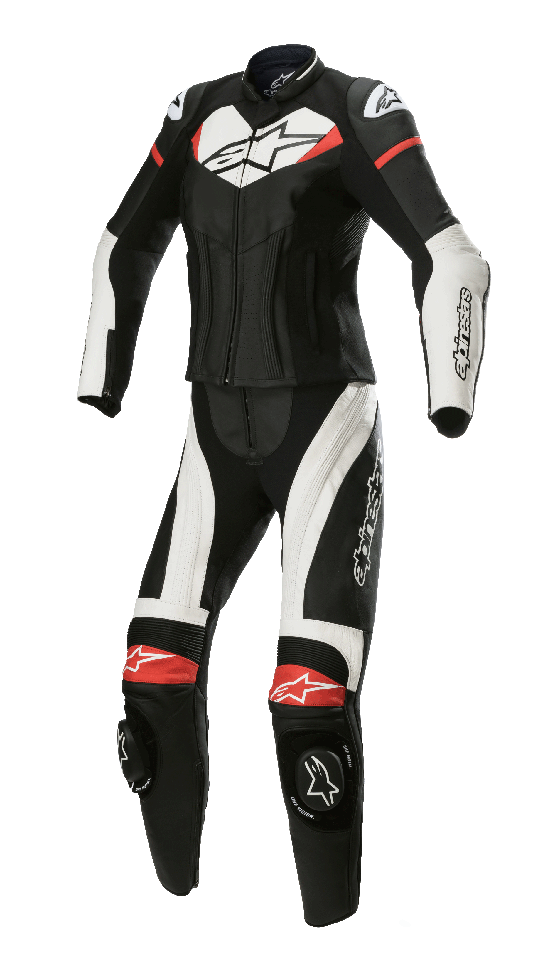 Alpinestars Stella GP Plus 2-Piece Leather Suit, damski dwuczęściowy kombinezon wyścigowy ze skóry, czarny z białymi i jaskrawoczerwonymi akcentami, aerodynamiczny profil, ochraniacze ramion DFS Lite, slidery kolan i panele elastyczne dla kobiecego dopasowania