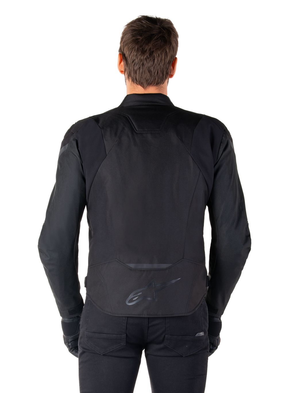 Alpinestars T-Jaws V4 Waterproof Jacket, tekstylna kurtka motocyklowa, czarna, widok z tyłu pokazujący logo Alpinestars w dolnej części pleców, sportowy krój do jazdy szosowej