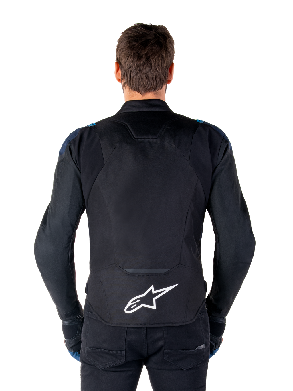 Alpinestars T-Jaws V4 Waterproof Jacket, Motorcycle Jacket, Black Dark Blue Blithe Blue, back view on a model, featuring a large white Alpinestars logo on the lower back, dark blue shoulder accents, and a sleek sport silhouette.