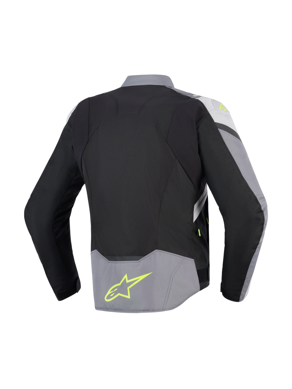 Alpinestars T-Jaws V4 Waterproof Jacket, widok z tyłu, czarna, lodowo-szara i ciemnoszara, tekstylna kurtka motocyklowa z jaskrawożółtymi akcentami i logo na dole pleców, sportowy krój z przedłużonym tyłem