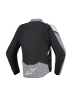 Alpinestars T-Jaws V4 Waterproof Jacket, widok z tyłu, czarna, lodowo-szara i ciemnoszara, tekstylna kurtka motocyklowa z jaskrawożółtymi akcentami i logo na dole pleców, sportowy krój z przedłużonym tyłem