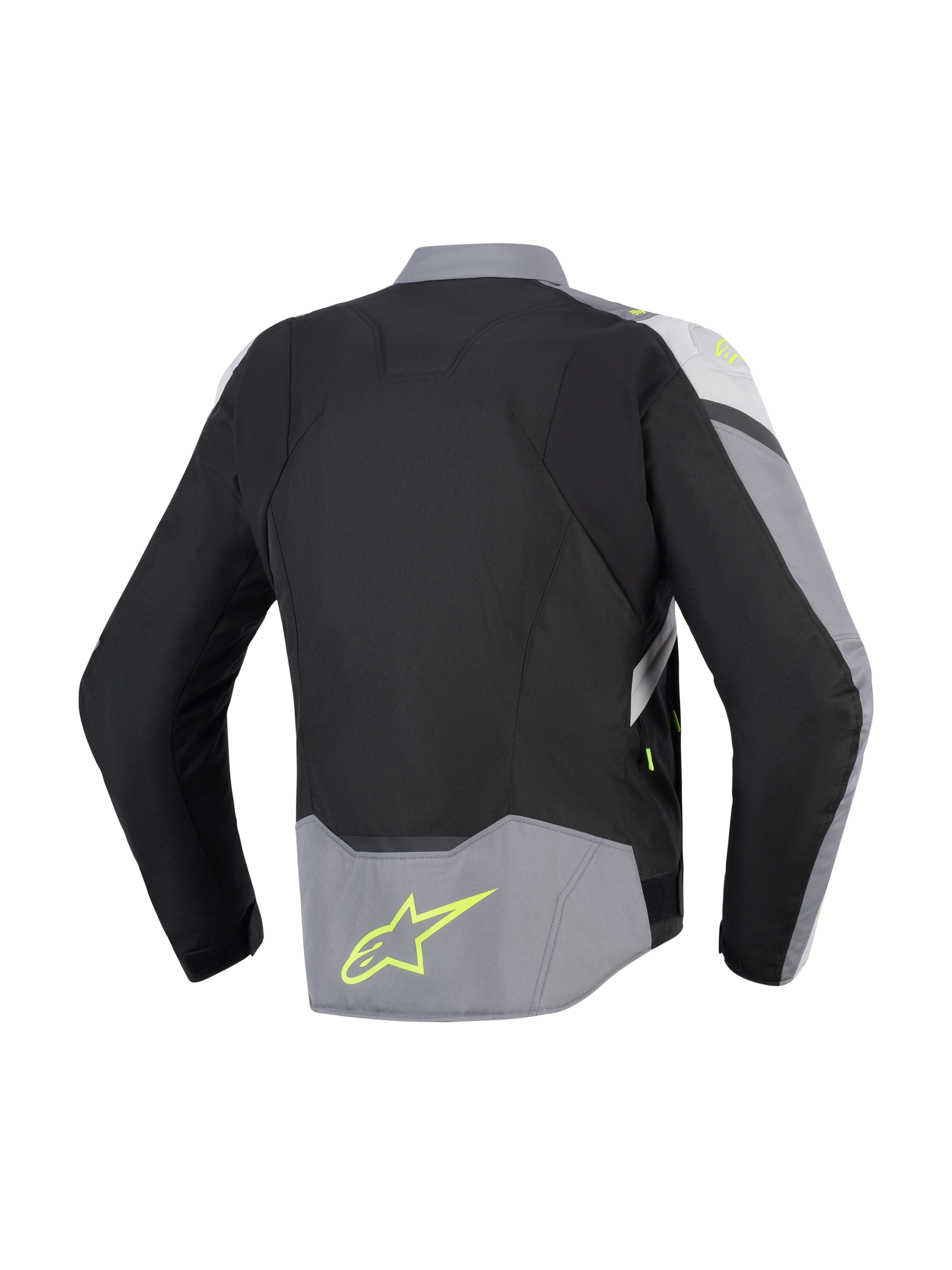 Alpinestars T-Jaws V4 Waterproof Jacket, widok z tyłu, czarna, lodowo-szara i ciemnoszara, tekstylna kurtka motocyklowa z jaskrawożółtymi akcentami i logo na dole pleców, sportowy krój z przedłużonym tyłem