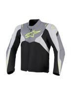 Alpinestars T-Jaws V4 Waterproof Jacket, tekstylna kurtka motocyklowa, czarna, jasnoszara i ciemnoszara z neonowożółtymi detalami, duże neonowe logo na klatce piersiowej, ochronne panele na ramionach