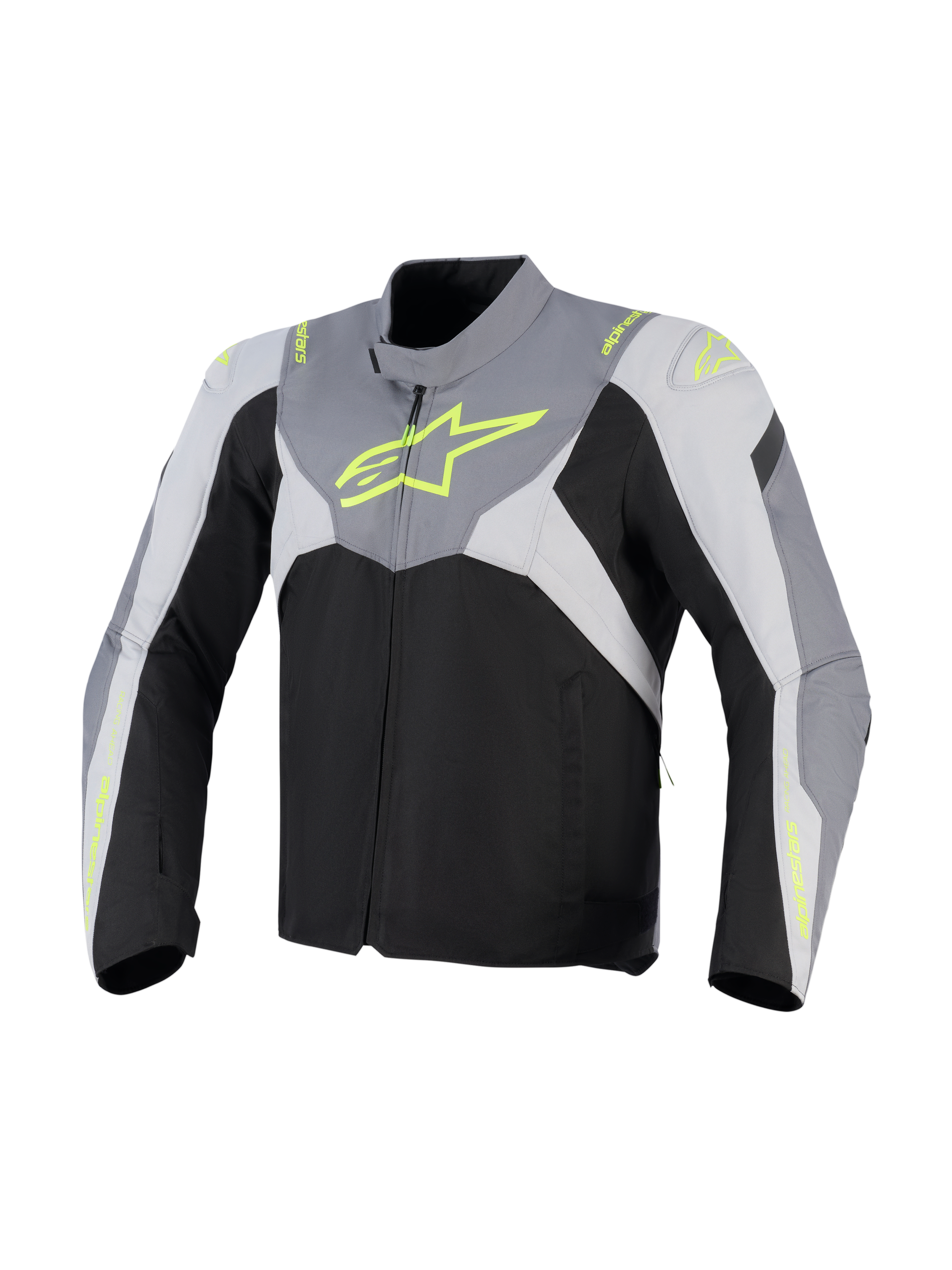 Alpinestars T-Jaws V4 Waterproof Jacket, tekstylna kurtka motocyklowa, czarna, jasnoszara i ciemnoszara z neonowożółtymi detalami, duże neonowe logo na klatce piersiowej, ochronne panele na ramionach