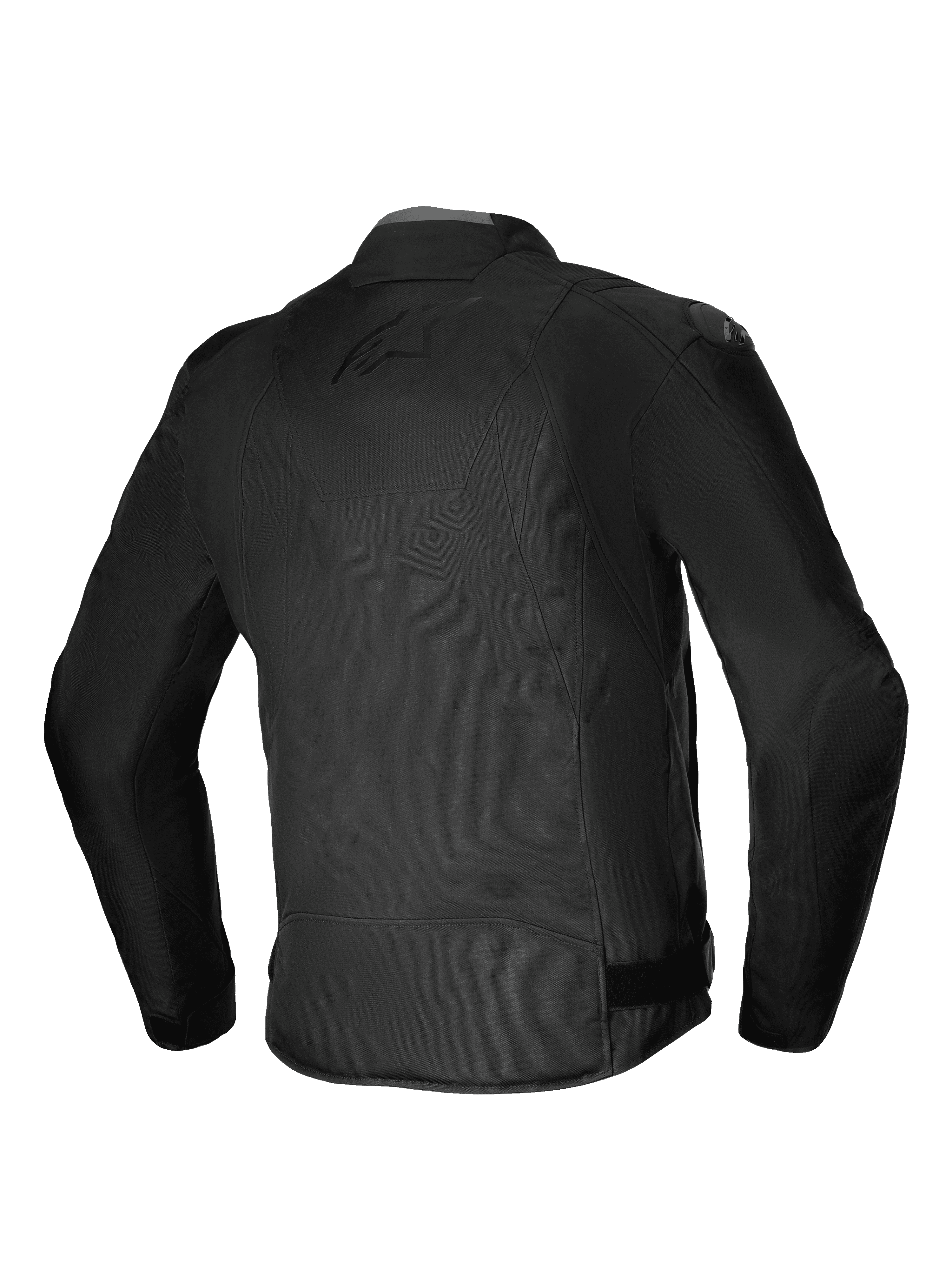 Alpinestars T-SP 1 V2 Waterproof Jacket, Textile Motorcycle Jacket, Black, rear view showcasing 3D sport silhouette, DFS Lite shoulder sliders, and subtle tonal branding on back, durable all-weather riding gear