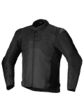 Alpinestars T-SP 1 V2 Waterproof Jacket, Black, Sport Textile Motorcycle Jacket, featuring a low profile collar, long pre-curved sleeves, front zipper closure, DFS Lite shoulder sliders, and a tonal Alpinestars logo on the chest.