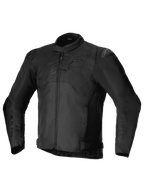 Alpinestars T-SP 1 V2 Waterproof Jacket, Black, Sport Textile Motorcycle Jacket, featuring a low profile collar, long pre-curved sleeves, front zipper closure, DFS Lite shoulder sliders, and a tonal Alpinestars logo on the chest.