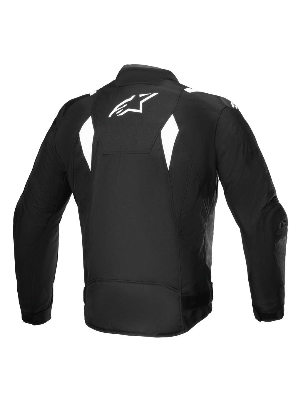 Wodoodporna kurtka Alpinestars T-SP 1 V2, widok z tyłu, czarno-biała, białe logo Alpinestars w górnej części pleców, tekstylna kurtka motocyklowa z kanciastymi białymi akcentami, sportowa sylwetka