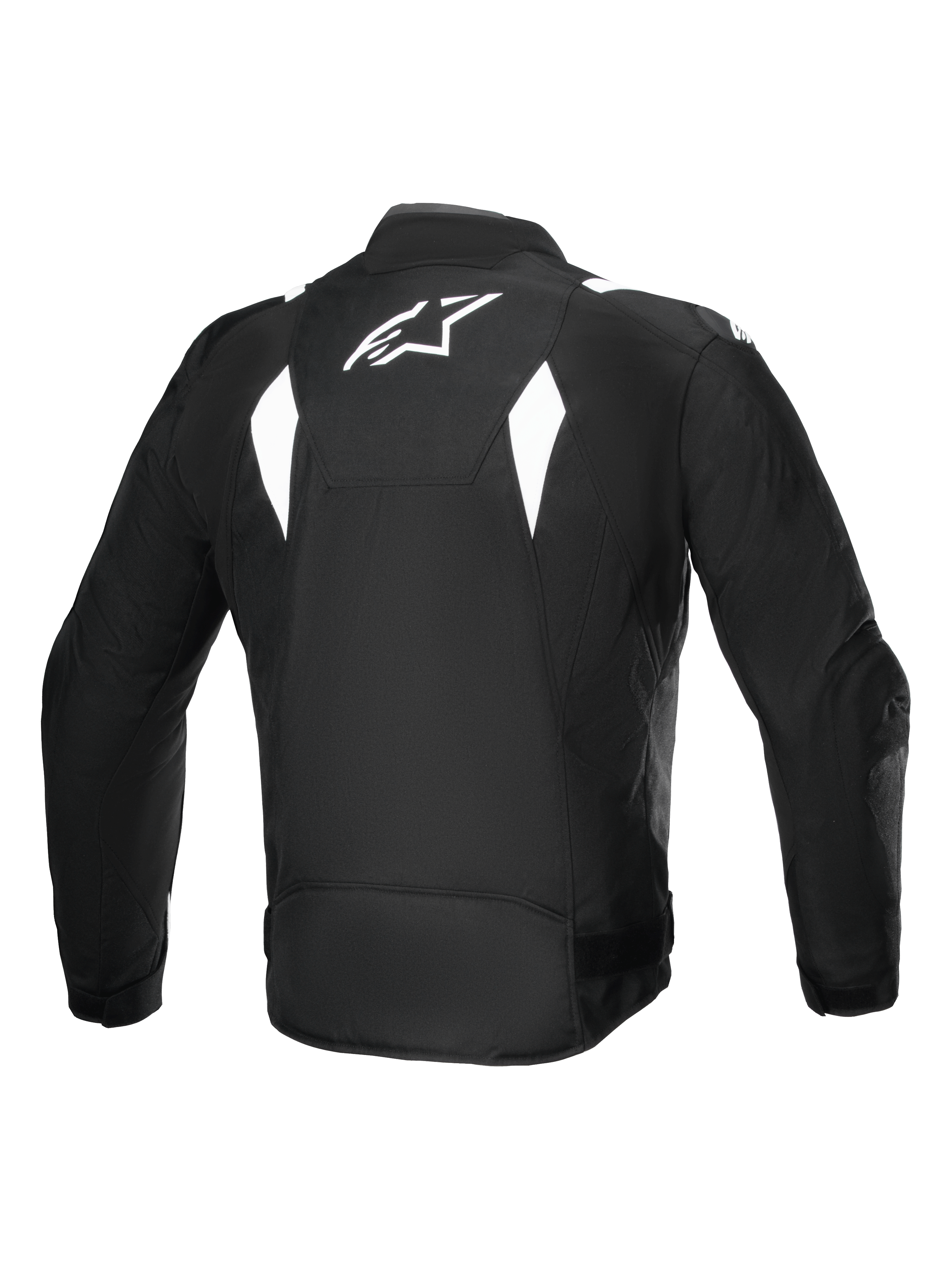 Wodoodporna kurtka Alpinestars T-SP 1 V2, widok z tyłu, czarno-biała, białe logo Alpinestars w górnej części pleców, tekstylna kurtka motocyklowa z kanciastymi białymi akcentami, sportowa sylwetka