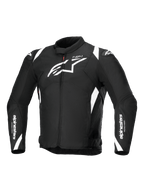 Alpinestars T-SP 1 V2 Waterproof Jacket, tekstylna kurtka motocyklowa, czarno-biała, z dużym białym logo Astars na piersi, logotypami na rękawach i ramionach, o technicznej sportowej sylwetce.