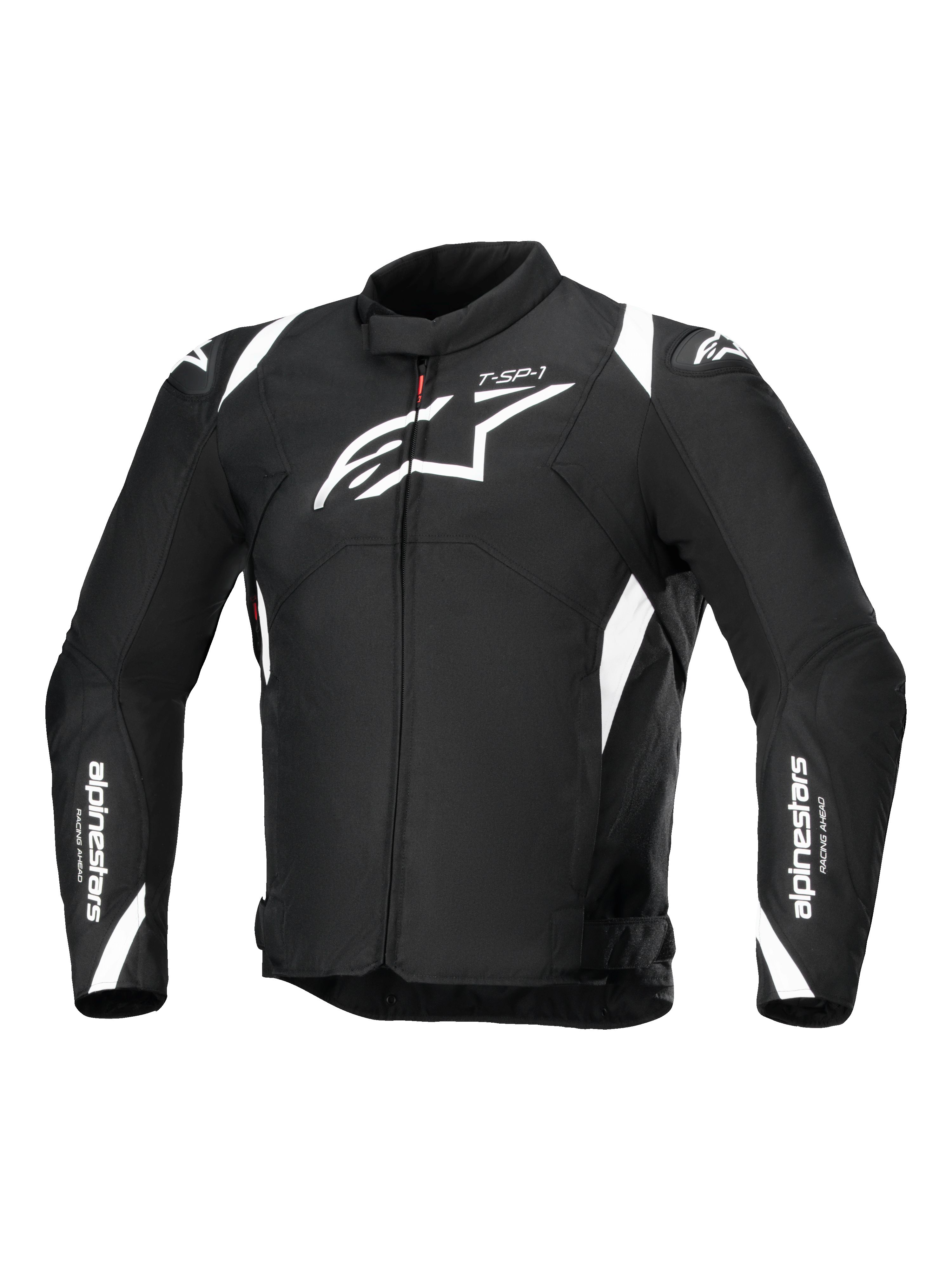 Alpinestars T-SP 1 V2 Waterproof Jacket, tekstylna kurtka motocyklowa, czarno-biała, z dużym białym logo Astars na piersi, logotypami na rękawach i ramionach, o technicznej sportowej sylwetce.